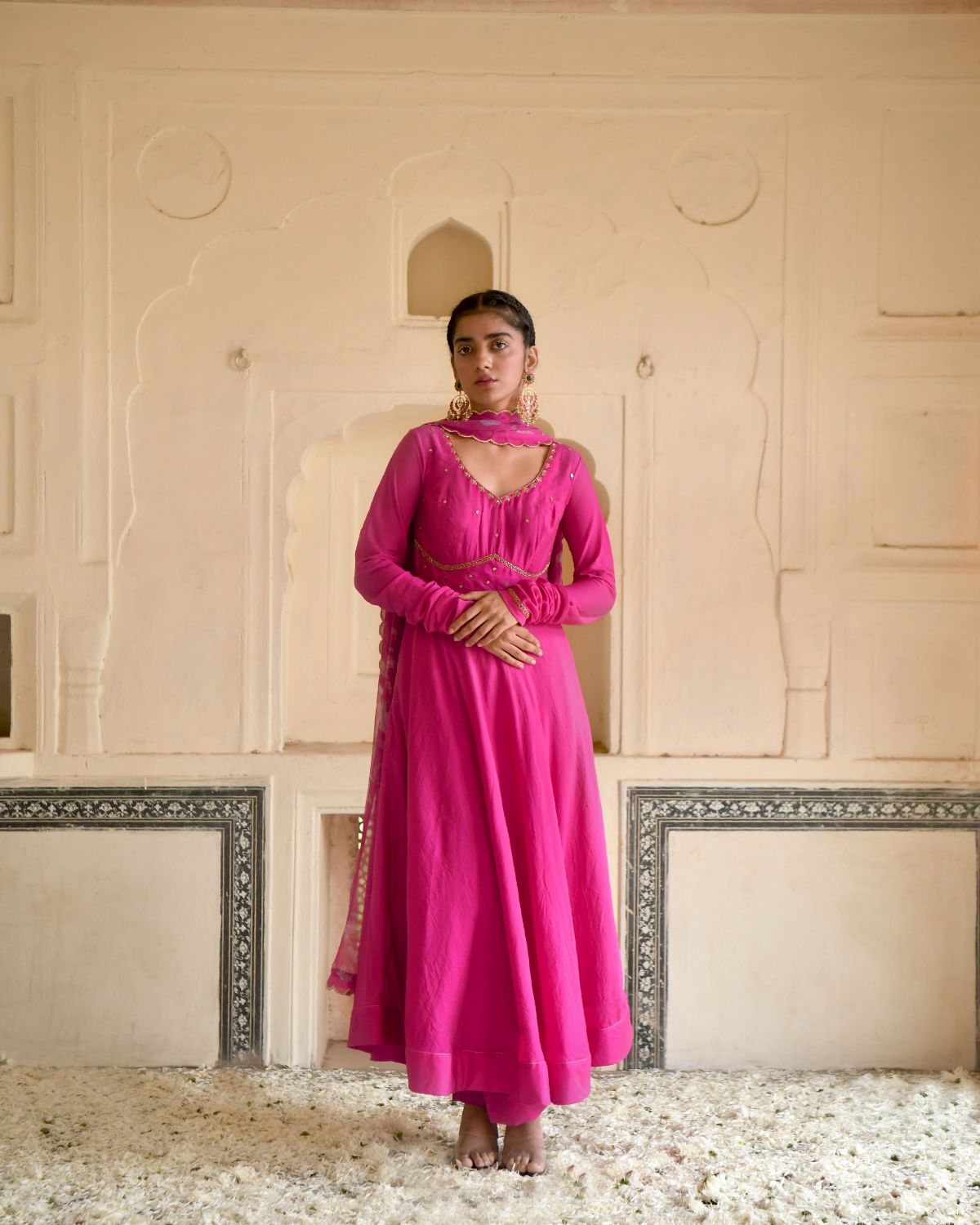 Pink Kurta Set With Chiffon Dupatta by Taro with Beads work, Best Selling, Chanderi Silk, Chiffon, Digital Print, Enchanted Garden by Taro, Evening Wear, Festive Wear, Fitted At Waist, Indian Wear, July Sale, July Sale 2023, Kurta Pant Sets, Kurta Set With Dupatta, Natural, Natural with azo free dyes, Pink, Sequin Work, Womenswear at Kamakhyaa for sustainable fashion