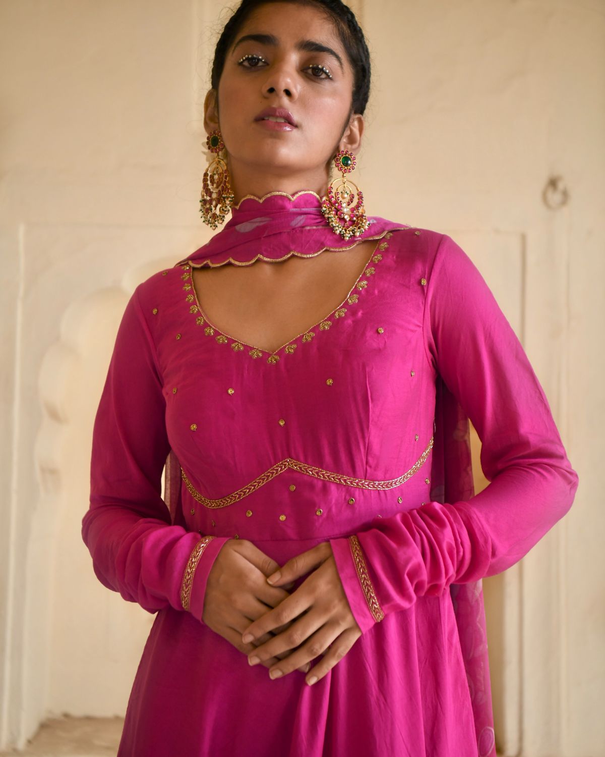 Pink Kurta Set With Chiffon Dupatta by Taro with Beads work, Best Selling, Chanderi Silk, Chiffon, Digital Print, Enchanted Garden by Taro, Evening Wear, Festive Wear, Fitted At Waist, Indian Wear, July Sale, July Sale 2023, Kurta Pant Sets, Kurta Set With Dupatta, Natural, Natural with azo free dyes, Pink, Sequin Work, Womenswear at Kamakhyaa for sustainable fashion