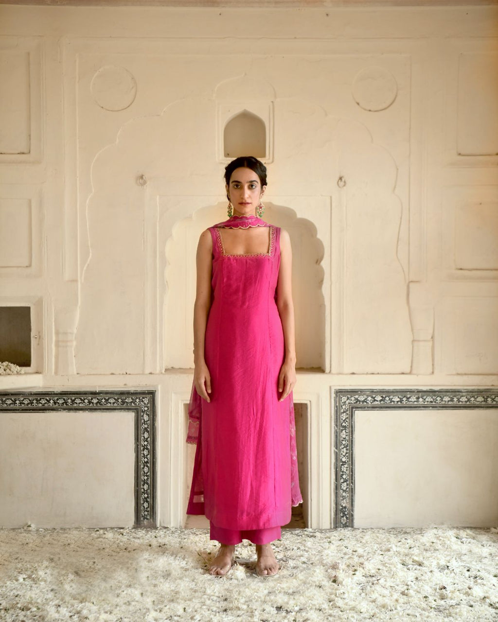 Pink Rose Kurta Set by Taro with Beads work, Best Selling, Chanderi Silk, Chiffon, Digital Print, Enchanted Garden by Taro, Evening Wear, Festive Wear, Fitted At Bust, Indian Wear, July Sale, July Sale 2023, Kurta Pant Sets, Kurta Set With Dupatta, Natural, Natural with azo free dyes, Pink, Sequin Work, Womenswear at Kamakhyaa for sustainable fashion