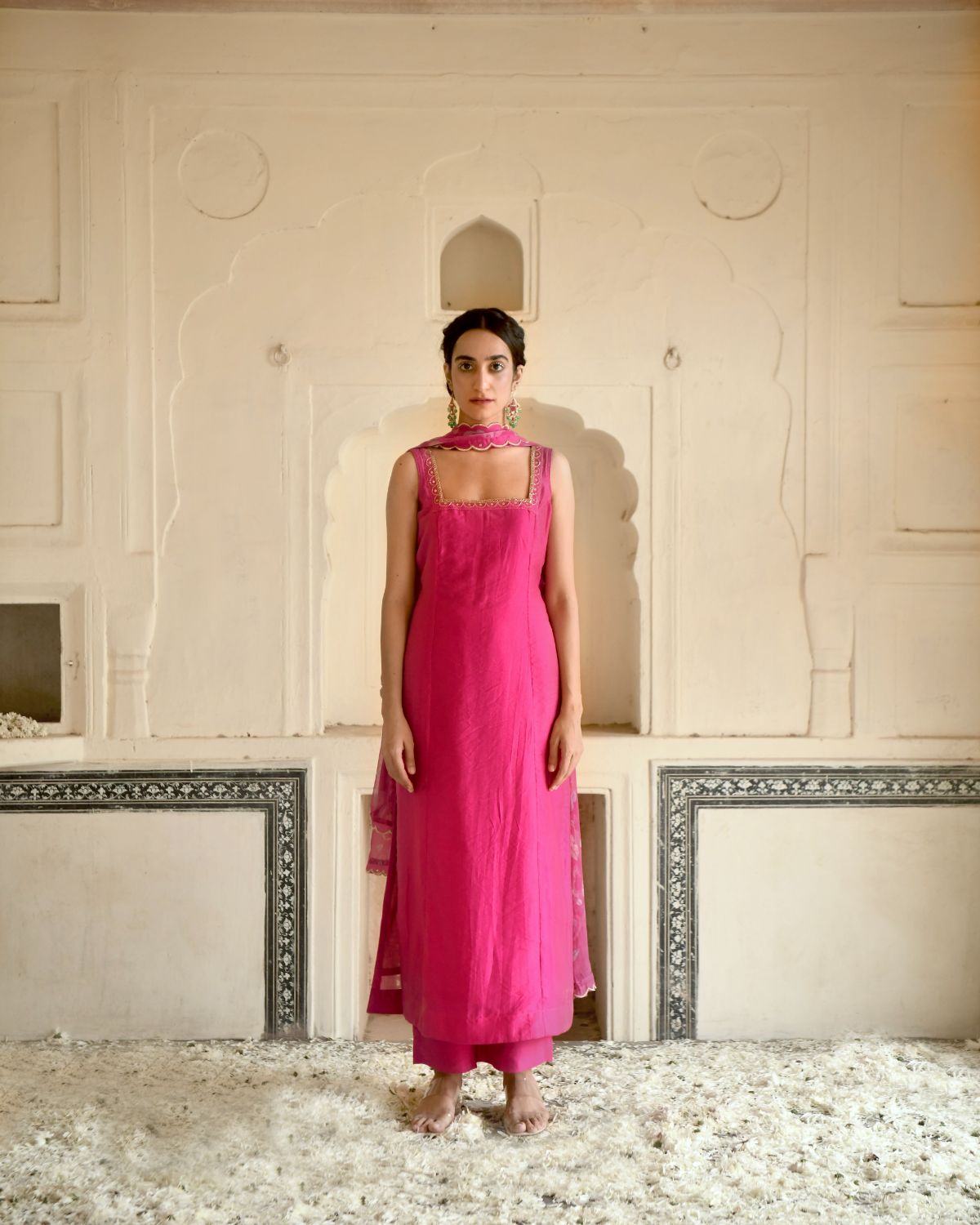 Pink Rose Kurta Set by Taro with Beads work, Best Selling, Chanderi Silk, Chiffon, Digital Print, Enchanted Garden by Taro, Evening Wear, Festive Wear, Fitted At Bust, Indian Wear, July Sale, July Sale 2023, Kurta Pant Sets, Kurta Set With Dupatta, Natural, Natural with azo free dyes, Pink, Sequin Work, Womenswear at Kamakhyaa for sustainable fashion