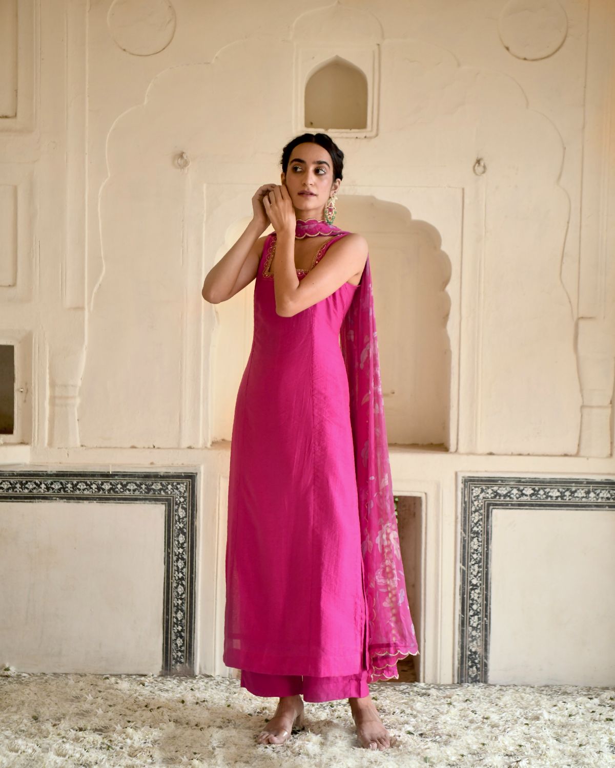 Pink Rose Kurta Set by Taro with Beads work, Best Selling, Chanderi Silk, Chiffon, Digital Print, Enchanted Garden by Taro, Evening Wear, Festive Wear, Fitted At Bust, Indian Wear, July Sale, July Sale 2023, Kurta Pant Sets, Kurta Set With Dupatta, Natural, Natural with azo free dyes, Pink, Sequin Work, Womenswear at Kamakhyaa for sustainable fashion