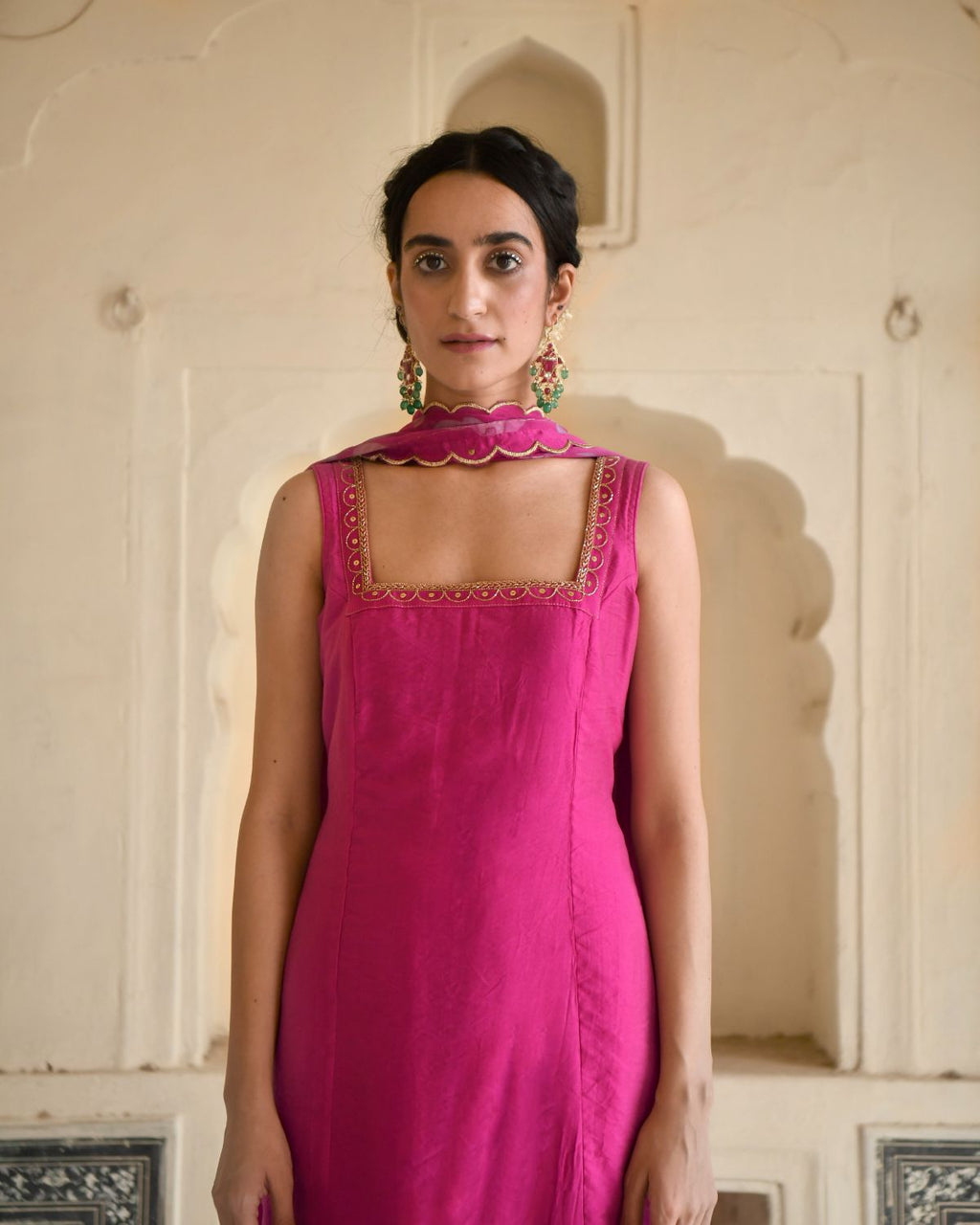 Pink Rose Kurta Set by Taro with Beads work, Best Selling, Chanderi Silk, Chiffon, Digital Print, Enchanted Garden by Taro, Evening Wear, Festive Wear, Fitted At Bust, Indian Wear, July Sale, July Sale 2023, Kurta Pant Sets, Kurta Set With Dupatta, Natural, Natural with azo free dyes, Pink, Sequin Work, Womenswear at Kamakhyaa for sustainable fashion