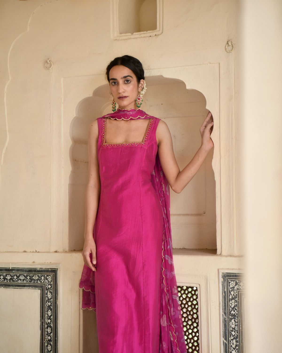 Pink Rose Kurta Set by Taro with Beads work, Best Selling, Chanderi Silk, Chiffon, Digital Print, Enchanted Garden by Taro, Evening Wear, Festive Wear, Fitted At Bust, Indian Wear, July Sale, July Sale 2023, Kurta Pant Sets, Kurta Set With Dupatta, Natural, Natural with azo free dyes, Pink, Sequin Work, Womenswear at Kamakhyaa for sustainable fashion