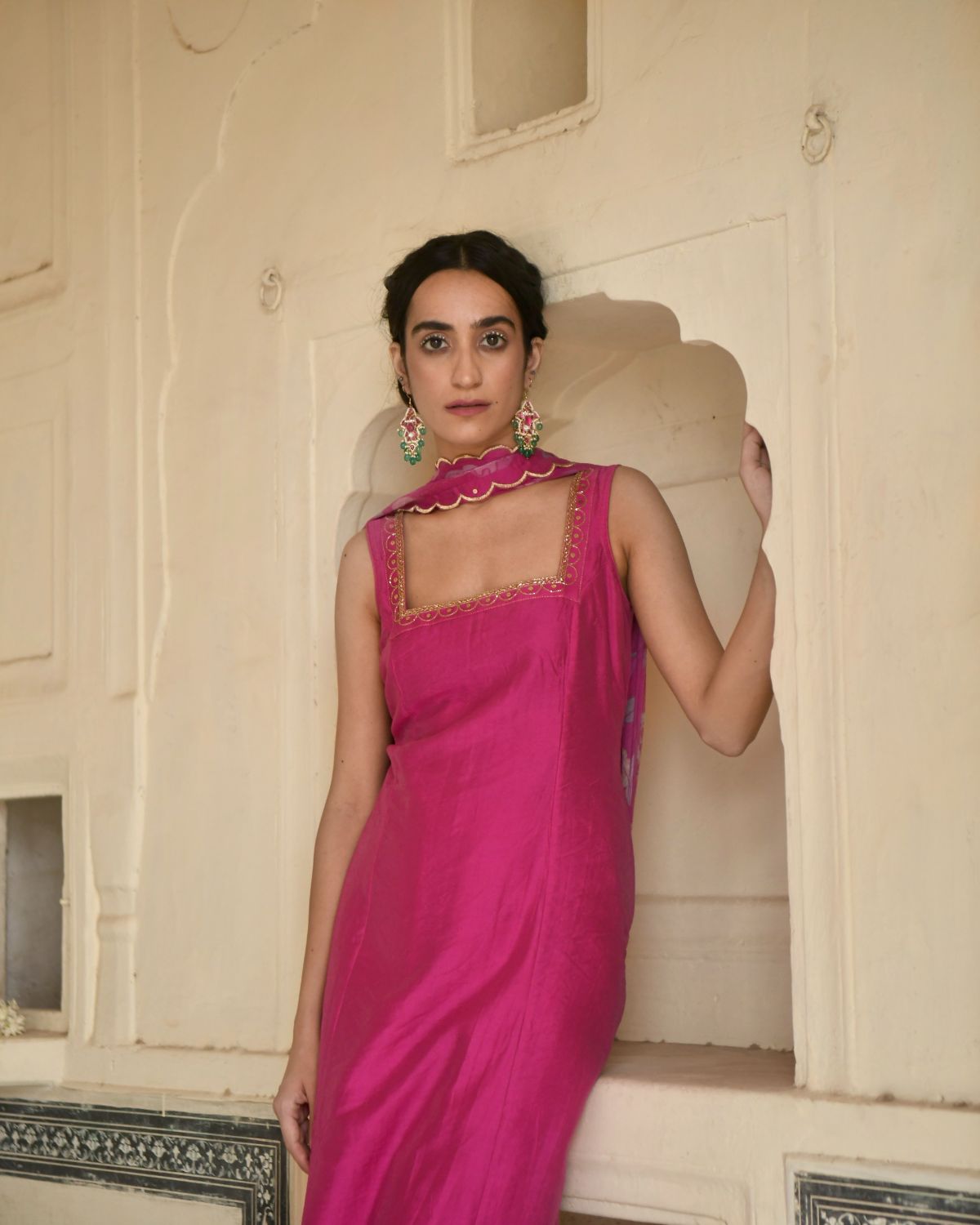 Pink Rose Kurta Set by Taro with Beads work, Best Selling, Chanderi Silk, Chiffon, Digital Print, Enchanted Garden by Taro, Evening Wear, Festive Wear, Fitted At Bust, Indian Wear, July Sale, July Sale 2023, Kurta Pant Sets, Kurta Set With Dupatta, Natural, Natural with azo free dyes, Pink, Sequin Work, Womenswear at Kamakhyaa for sustainable fashion