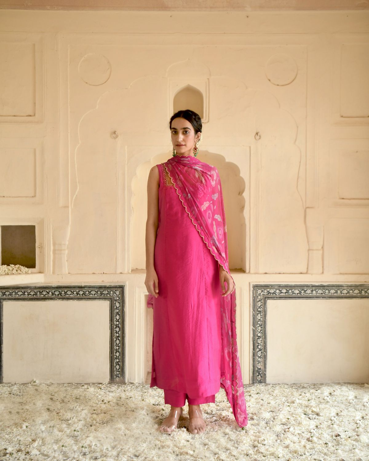 Pink Rose Kurta Set by Taro with Beads work, Best Selling, Chanderi Silk, Chiffon, Digital Print, Enchanted Garden by Taro, Evening Wear, Festive Wear, Fitted At Bust, Indian Wear, July Sale, July Sale 2023, Kurta Pant Sets, Kurta Set With Dupatta, Natural, Natural with azo free dyes, Pink, Sequin Work, Womenswear at Kamakhyaa for sustainable fashion