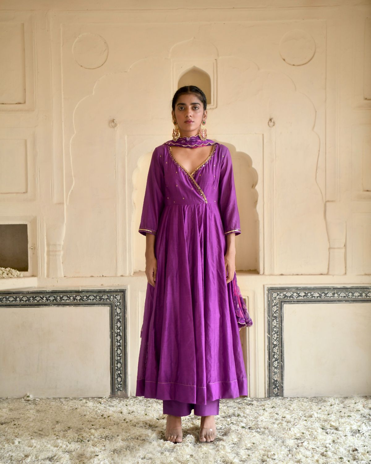 Russian Violet Kurta Set by Taro with Beads work, Chanderi Silk, Chiffon, Digital Print, Enchanted Garden by Taro, Evening Wear, Festive Wear, Fitted At Waist, Indian Wear, July Sale, July Sale 2023, Kurta Pant Sets, Kurta Set With Dupatta, Natural, Natural with azo free dyes, Purple, Sequin Work, Womenswear at Kamakhyaa for sustainable fashion