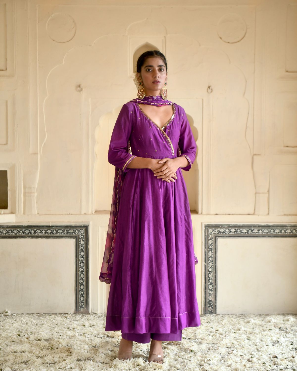 Russian Violet Kurta Set by Taro with Beads work, Chanderi Silk, Chiffon, Digital Print, Enchanted Garden by Taro, Evening Wear, Festive Wear, Fitted At Waist, Indian Wear, July Sale, July Sale 2023, Kurta Pant Sets, Kurta Set With Dupatta, Natural, Natural with azo free dyes, Purple, Sequin Work, Womenswear at Kamakhyaa for sustainable fashion