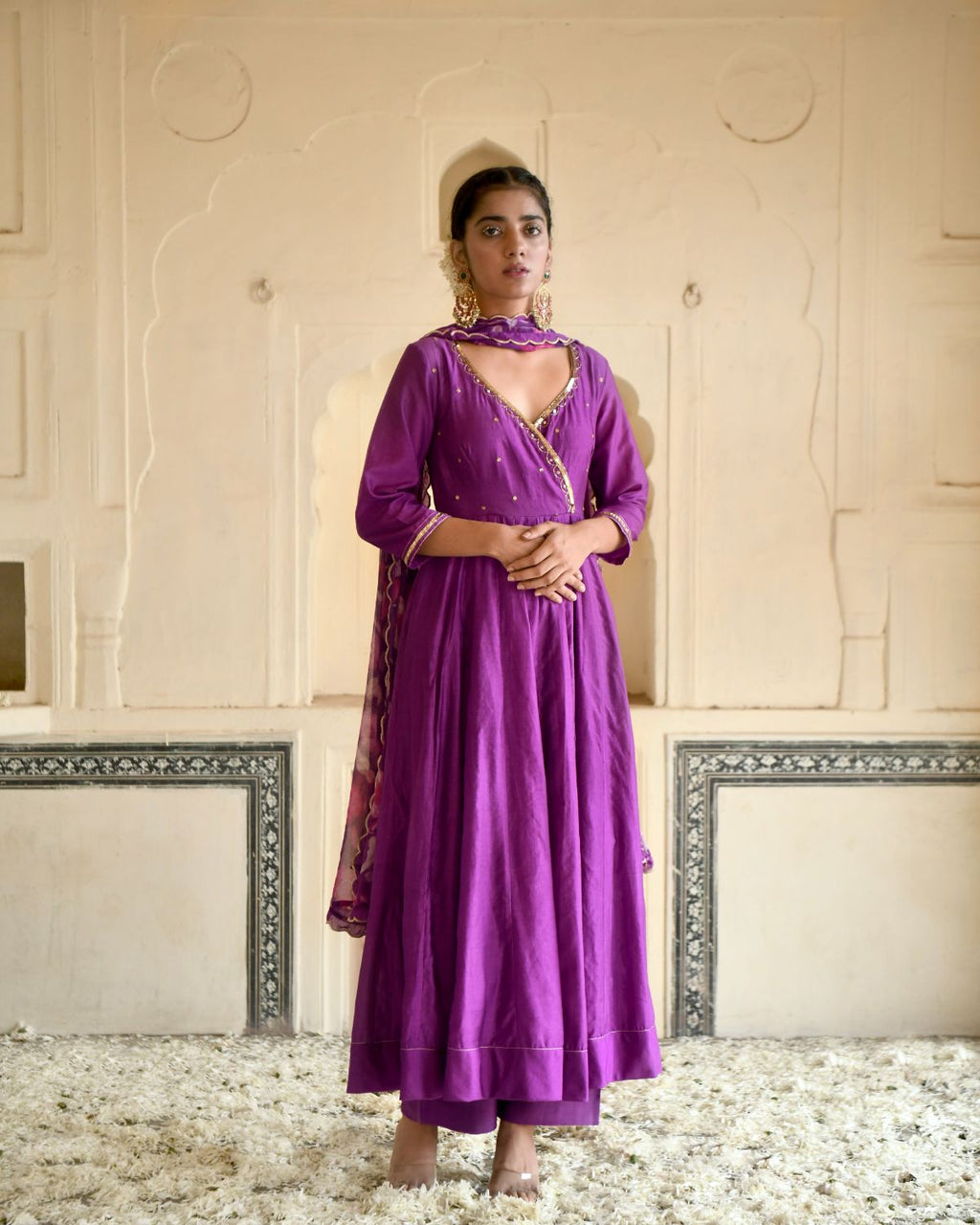 Russian Violet Kurta Set by Taro with Beads work, Chanderi Silk, Chiffon, Digital Print, Enchanted Garden by Taro, Evening Wear, Festive Wear, Fitted At Waist, Indian Wear, July Sale, July Sale 2023, Kurta Pant Sets, Kurta Set With Dupatta, Natural, Natural with azo free dyes, Purple, Sequin Work, Womenswear at Kamakhyaa for sustainable fashion
