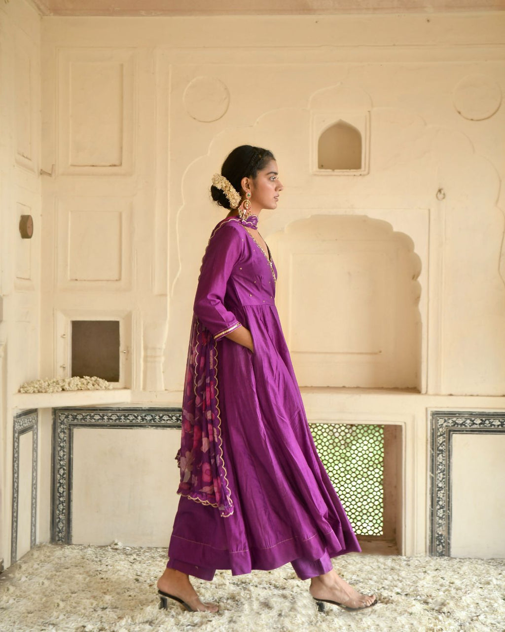 Russian Violet Kurta Set by Taro with Beads work, Chanderi Silk, Chiffon, Digital Print, Enchanted Garden by Taro, Evening Wear, Festive Wear, Fitted At Waist, Indian Wear, July Sale, July Sale 2023, Kurta Pant Sets, Kurta Set With Dupatta, Natural, Natural with azo free dyes, Purple, Sequin Work, Womenswear at Kamakhyaa for sustainable fashion