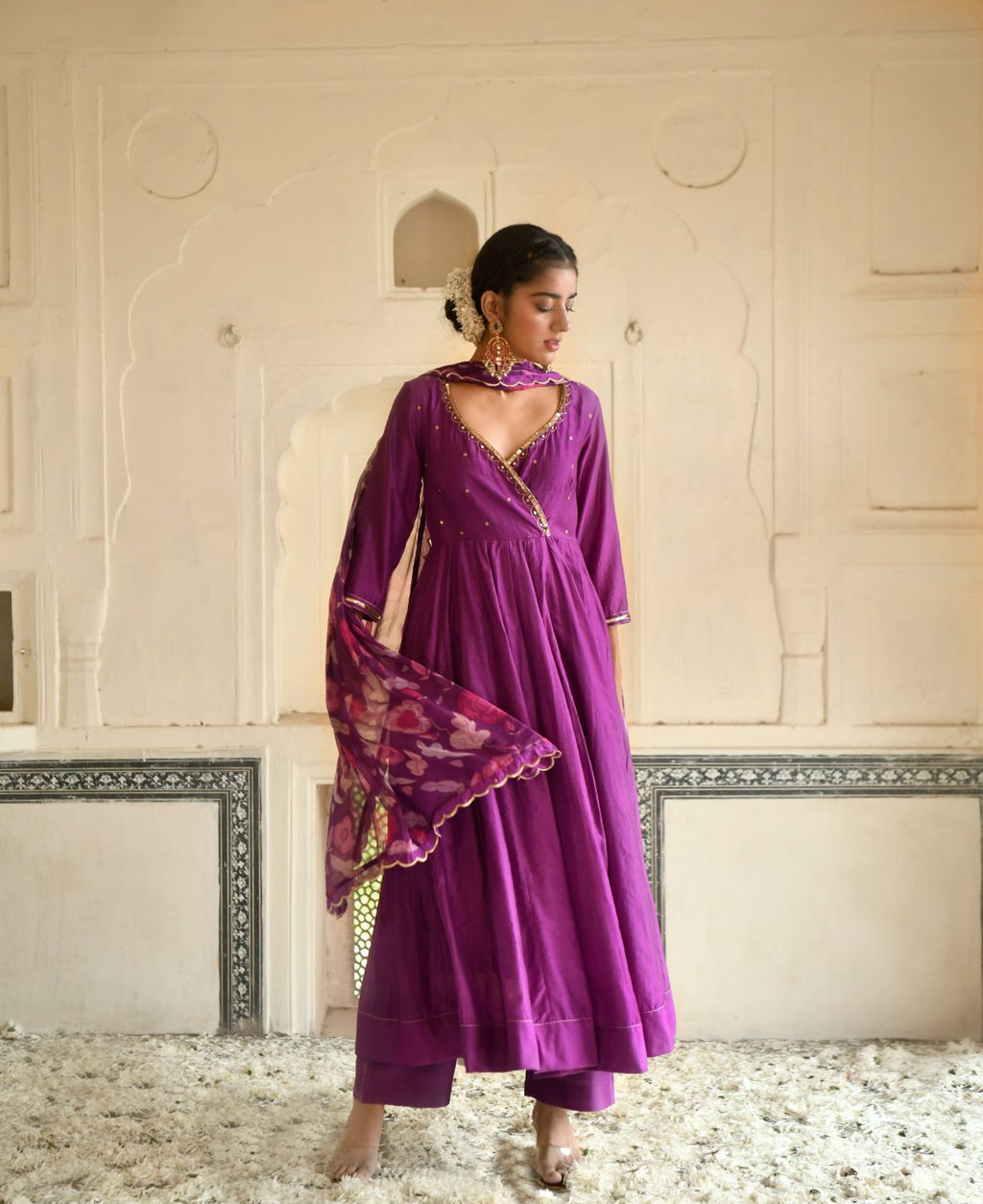 Russian Violet Kurta Set by Taro with Beads work, Chanderi Silk, Chiffon, Digital Print, Enchanted Garden by Taro, Evening Wear, Festive Wear, Fitted At Waist, Indian Wear, July Sale, July Sale 2023, Kurta Pant Sets, Kurta Set With Dupatta, Natural, Natural with azo free dyes, Purple, Sequin Work, Womenswear at Kamakhyaa for sustainable fashion