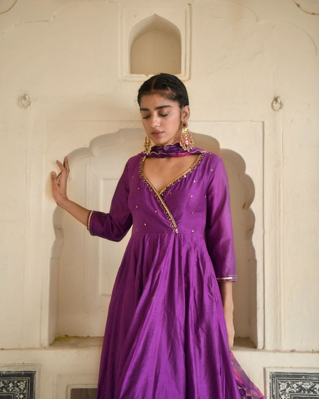Russian Violet Kurta Set by Taro with Beads work, Chanderi Silk, Chiffon, Digital Print, Enchanted Garden by Taro, Evening Wear, Festive Wear, Fitted At Waist, Indian Wear, July Sale, July Sale 2023, Kurta Pant Sets, Kurta Set With Dupatta, Natural, Natural with azo free dyes, Purple, Sequin Work, Womenswear at Kamakhyaa for sustainable fashion