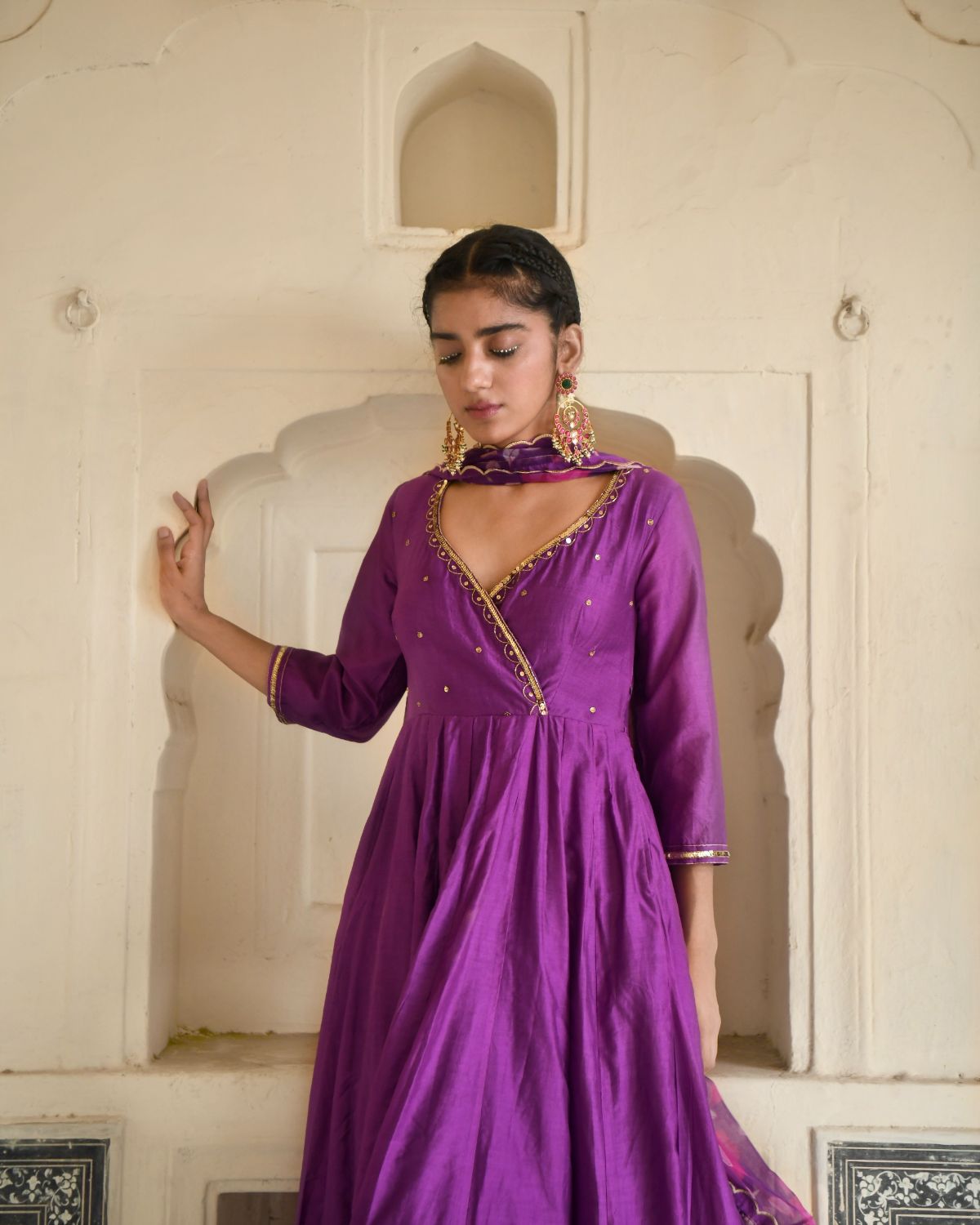 Russian Violet Kurta Set by Taro with Beads work, Chanderi Silk, Chiffon, Digital Print, Enchanted Garden by Taro, Evening Wear, Festive Wear, Fitted At Waist, Indian Wear, July Sale, July Sale 2023, Kurta Pant Sets, Kurta Set With Dupatta, Natural, Natural with azo free dyes, Purple, Sequin Work, Womenswear at Kamakhyaa for sustainable fashion