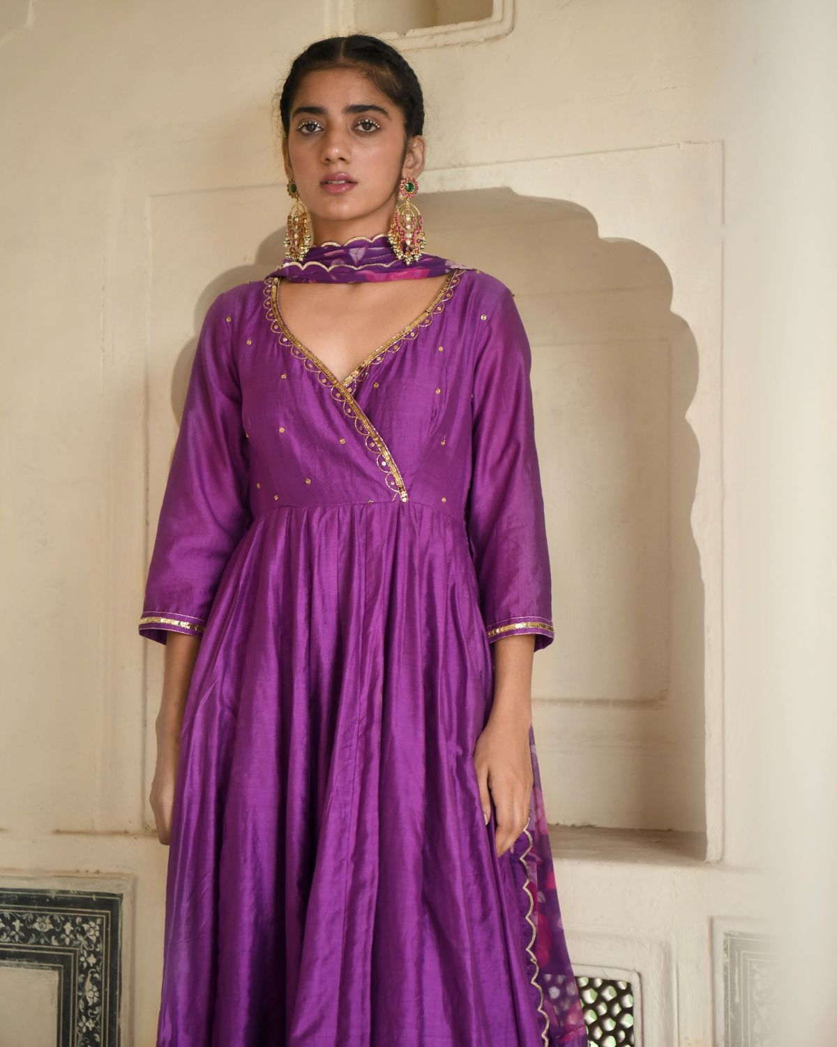 Russian Violet Kurta Set by Taro with Beads work, Chanderi Silk, Chiffon, Digital Print, Enchanted Garden by Taro, Evening Wear, Festive Wear, Fitted At Waist, Indian Wear, July Sale, July Sale 2023, Kurta Pant Sets, Kurta Set With Dupatta, Natural, Natural with azo free dyes, Purple, Sequin Work, Womenswear at Kamakhyaa for sustainable fashion