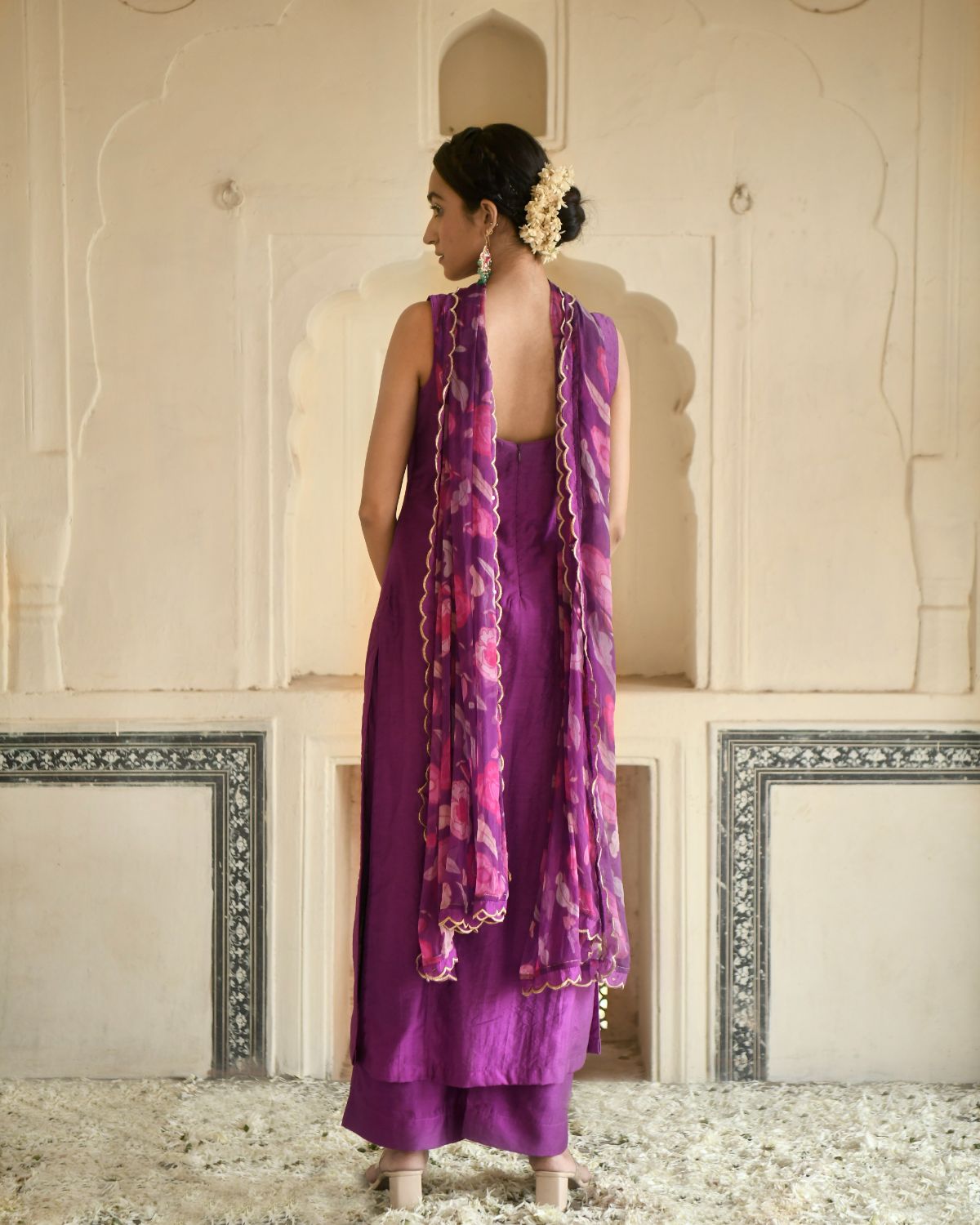 Grape Wine Kurta Set With Dupatta by Taro with Beads work, Chiffon, Digital Print, Enchanted Garden by Taro, Evening Wear, Festive Wear, Fitted At Waist, Indian Wear, July Sale, July Sale 2023, Kurta Pant Sets, Kurta Set With Dupatta, Natural, Natural with azo free dyes, Purple, Regular Fit, Sequin Work, Silk Chanderi, Womenswear at Kamakhyaa for sustainable fashion