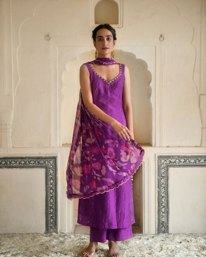 Grape Wine Kurta Set With Dupatta by Taro with Beads work, Chiffon, Digital Print, Enchanted Garden by Taro, Evening Wear, Festive Wear, Fitted At Waist, Indian Wear, July Sale, July Sale 2023, Kurta Pant Sets, Kurta Set With Dupatta, Natural, Natural with azo free dyes, Purple, Regular Fit, Sequin Work, Silk Chanderi, Womenswear at Kamakhyaa for sustainable fashion