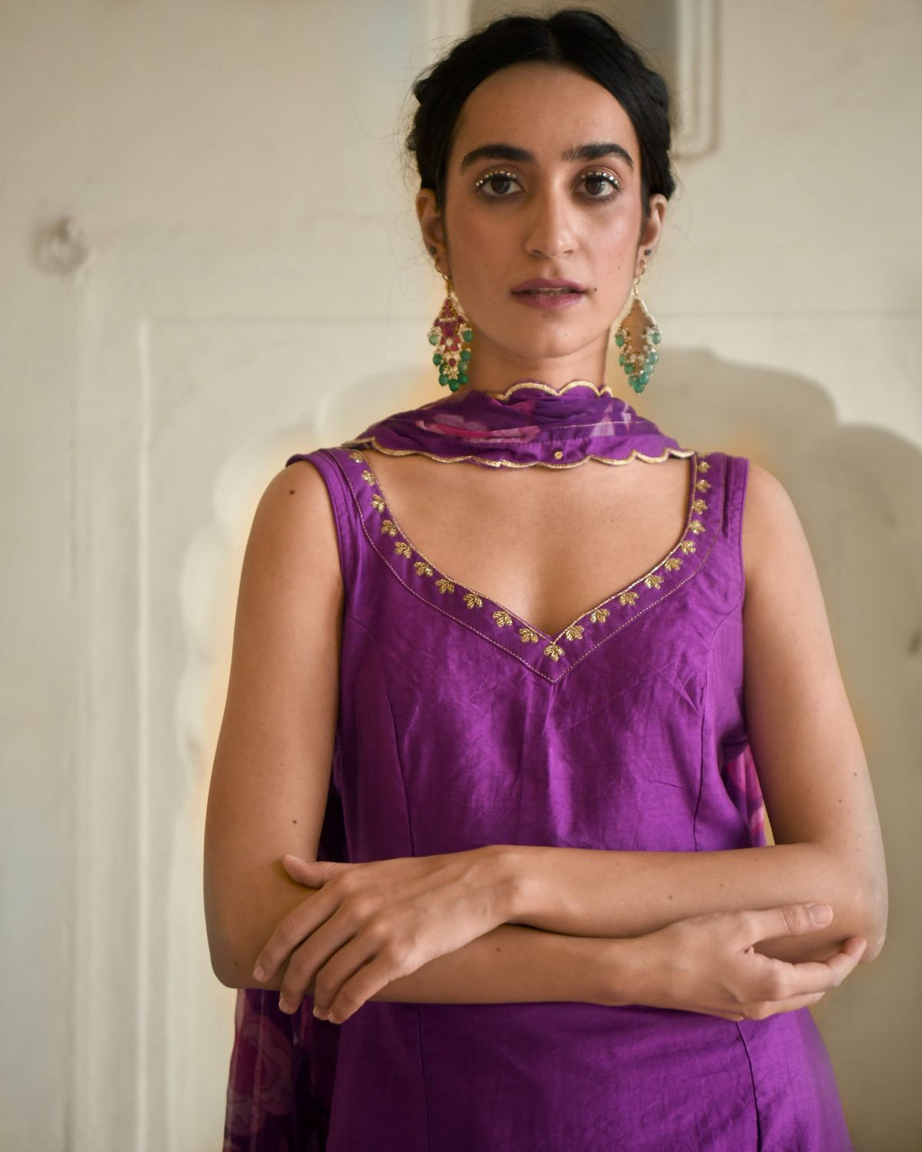 Grape Wine Kurta Set With Dupatta by Taro with Beads work, Chiffon, Digital Print, Enchanted Garden by Taro, Evening Wear, Festive Wear, Fitted At Waist, Indian Wear, July Sale, July Sale 2023, Kurta Pant Sets, Kurta Set With Dupatta, Natural, Natural with azo free dyes, Purple, Regular Fit, Sequin Work, Silk Chanderi, Womenswear at Kamakhyaa for sustainable fashion