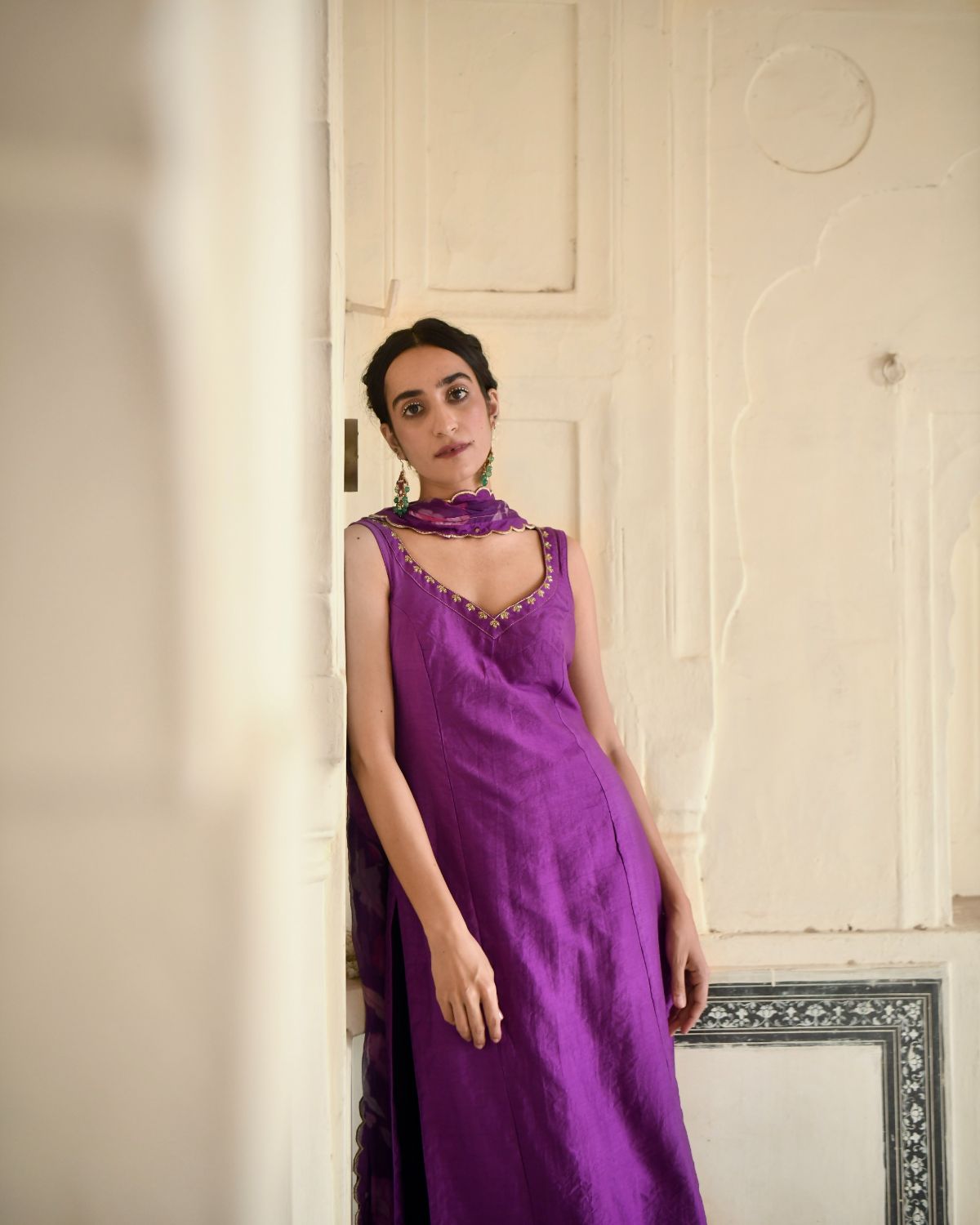 Grape Wine Kurta Set With Dupatta by Taro with Beads work, Chiffon, Digital Print, Enchanted Garden by Taro, Evening Wear, Festive Wear, Fitted At Waist, Indian Wear, July Sale, July Sale 2023, Kurta Pant Sets, Kurta Set With Dupatta, Natural, Natural with azo free dyes, Purple, Regular Fit, Sequin Work, Silk Chanderi, Womenswear at Kamakhyaa for sustainable fashion