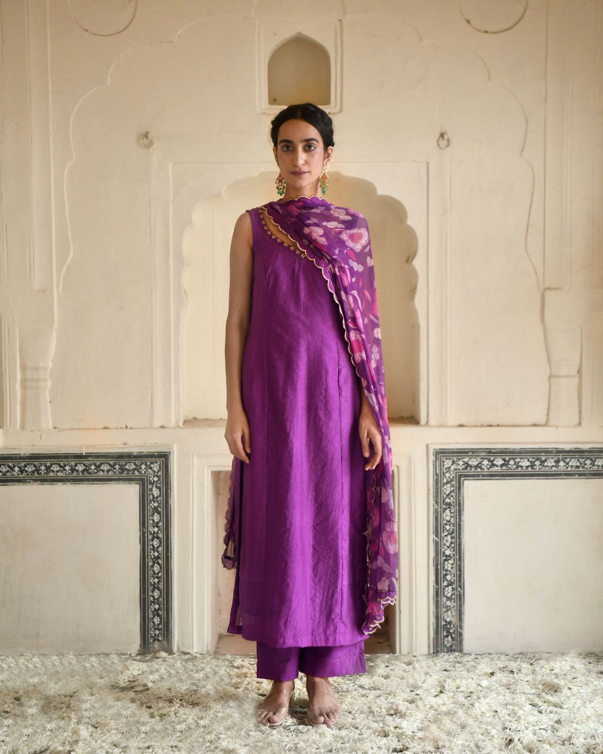 Grape Wine Kurta Set With Dupatta by Taro with Beads work, Chiffon, Digital Print, Enchanted Garden by Taro, Evening Wear, Festive Wear, Fitted At Waist, Indian Wear, July Sale, July Sale 2023, Kurta Pant Sets, Kurta Set With Dupatta, Natural, Natural with azo free dyes, Purple, Regular Fit, Sequin Work, Silk Chanderi, Womenswear at Kamakhyaa for sustainable fashion