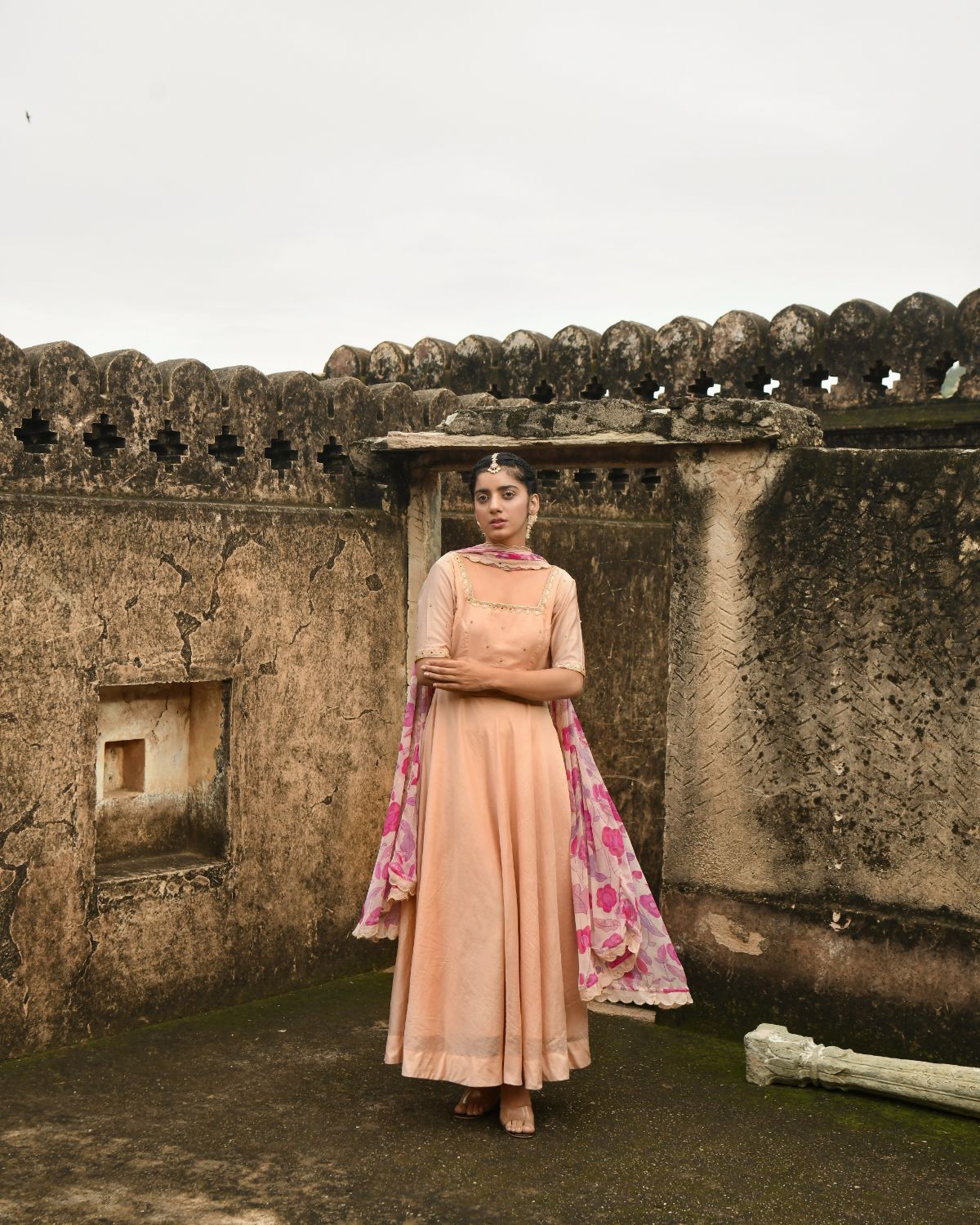 Sunset Blush Kurta Set With Dupatta by Taro with Beads work, Chanderi Silk, Chiffon, Digital Print, Enchanted Garden by Taro, Evening Wear, Festive Wear, Fitted At Waist, Indian Wear, July Sale, July Sale 2023, Kurta Pant Sets, Kurta Set With Dupatta, Natural, Natural with azo free dyes, Peach, Sequin Work, Womenswear at Kamakhyaa for sustainable fashion