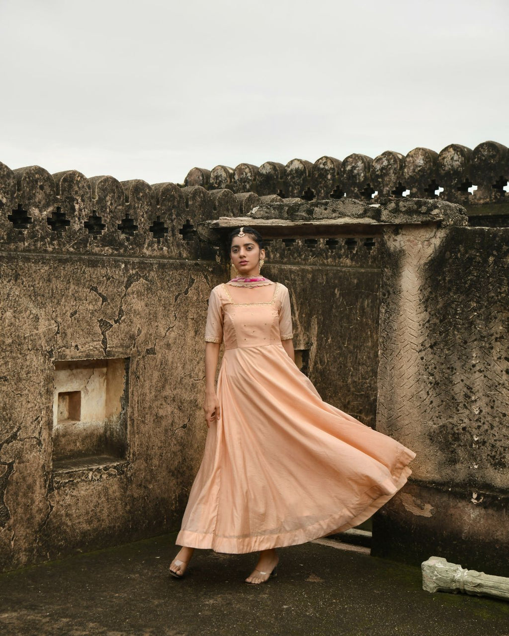 Sunset Blush Kurta Set With Dupatta by Taro with Beads work, Chanderi Silk, Chiffon, Digital Print, Enchanted Garden by Taro, Evening Wear, Festive Wear, Fitted At Waist, Indian Wear, July Sale, July Sale 2023, Kurta Pant Sets, Kurta Set With Dupatta, Natural, Natural with azo free dyes, Peach, Sequin Work, Womenswear at Kamakhyaa for sustainable fashion