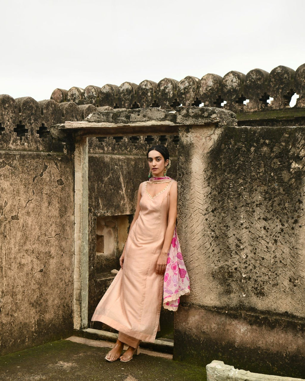 Peach Kurta Set With Dupatta by Taro with Beads work, Best Selling, Chanderi Silk, Chiffon, Digital Print, Enchanted Garden by Taro, Evening Wear, Festive Wear, Indian Wear, July Sale, July Sale 2023, Kurta Pant Sets, Kurta Set With Dupatta, Natural, Natural with azo free dyes, Peach, Sequin Work, Womenswear at Kamakhyaa for sustainable fashion