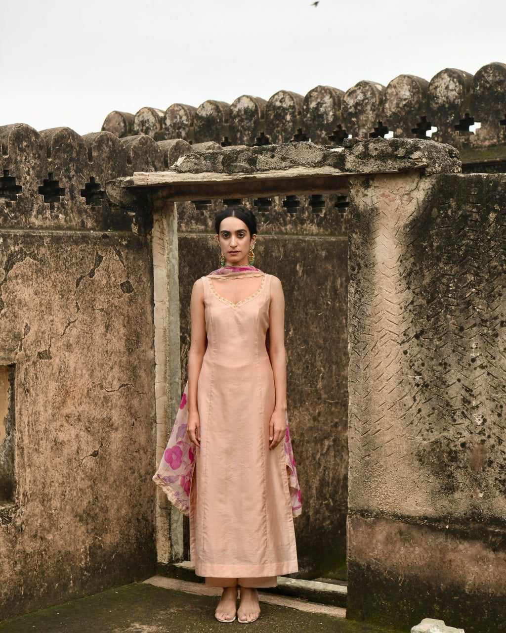 Peach Kurta Set With Dupatta by Taro with Beads work, Best Selling, Chanderi Silk, Chiffon, Digital Print, Enchanted Garden by Taro, Evening Wear, Festive Wear, Indian Wear, July Sale, July Sale 2023, Kurta Pant Sets, Kurta Set With Dupatta, Natural, Natural with azo free dyes, Peach, Sequin Work, Womenswear at Kamakhyaa for sustainable fashion