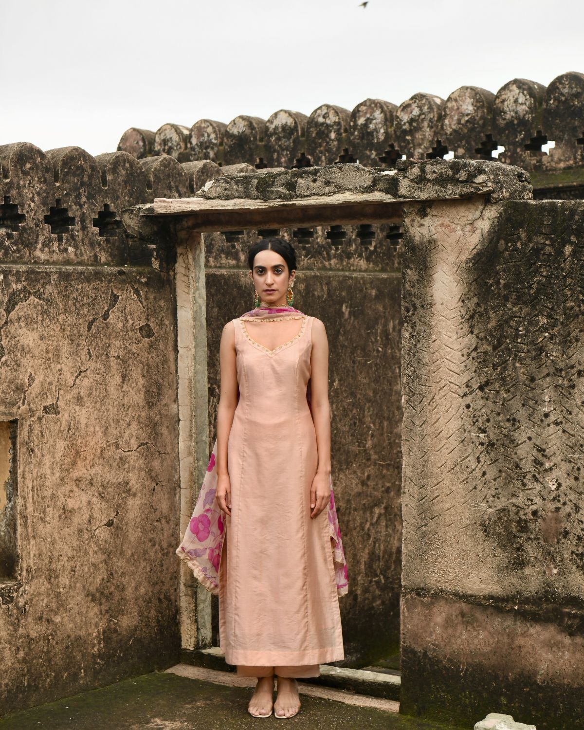 Peach Kurta Set With Dupatta by Taro with Beads work, Best Selling, Chanderi Silk, Chiffon, Digital Print, Enchanted Garden by Taro, Evening Wear, Festive Wear, Indian Wear, July Sale, July Sale 2023, Kurta Pant Sets, Kurta Set With Dupatta, Natural, Natural with azo free dyes, Peach, Sequin Work, Womenswear at Kamakhyaa for sustainable fashion