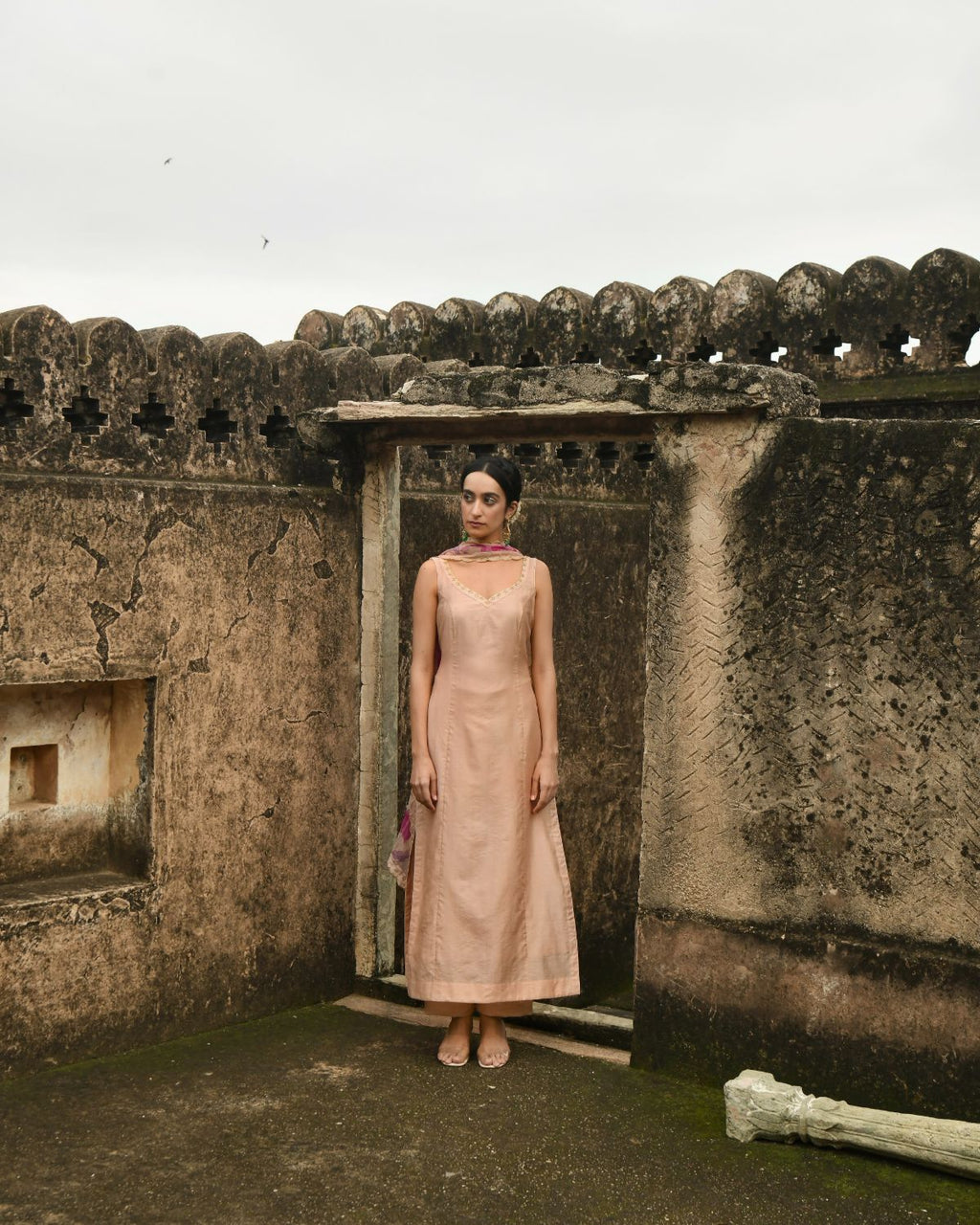 Peach Kurta Set With Dupatta by Taro with Beads work, Best Selling, Chanderi Silk, Chiffon, Digital Print, Enchanted Garden by Taro, Evening Wear, Festive Wear, Indian Wear, July Sale, July Sale 2023, Kurta Pant Sets, Kurta Set With Dupatta, Natural, Natural with azo free dyes, Peach, Sequin Work, Womenswear at Kamakhyaa for sustainable fashion