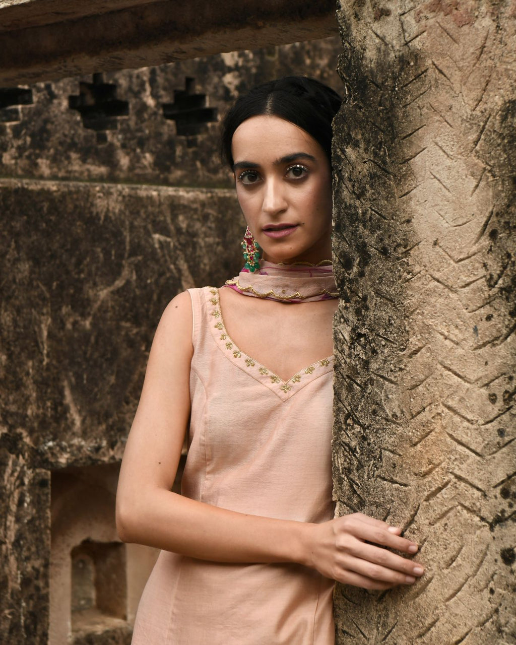 Peach Kurta Set With Dupatta by Taro with Beads work, Best Selling, Chanderi Silk, Chiffon, Digital Print, Enchanted Garden by Taro, Evening Wear, Festive Wear, Indian Wear, July Sale, July Sale 2023, Kurta Pant Sets, Kurta Set With Dupatta, Natural, Natural with azo free dyes, Peach, Sequin Work, Womenswear at Kamakhyaa for sustainable fashion