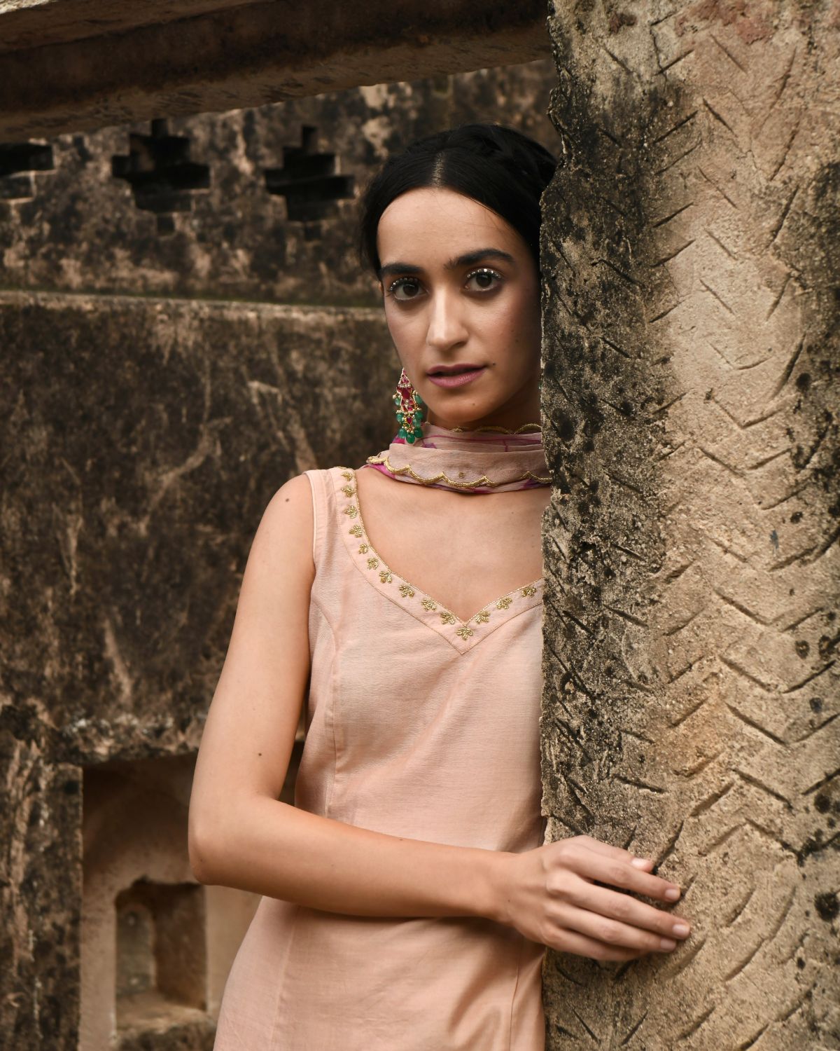 Peach Kurta Set With Dupatta by Taro with Beads work, Best Selling, Chanderi Silk, Chiffon, Digital Print, Enchanted Garden by Taro, Evening Wear, Festive Wear, Indian Wear, July Sale, July Sale 2023, Kurta Pant Sets, Kurta Set With Dupatta, Natural, Natural with azo free dyes, Peach, Sequin Work, Womenswear at Kamakhyaa for sustainable fashion