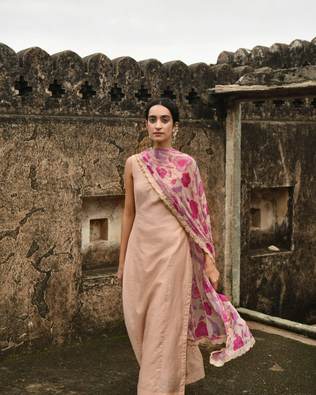 Peach Kurta Set With Dupatta by Taro with Beads work, Best Selling, Chanderi Silk, Chiffon, Digital Print, Enchanted Garden by Taro, Evening Wear, Festive Wear, Indian Wear, July Sale, July Sale 2023, Kurta Pant Sets, Kurta Set With Dupatta, Natural, Natural with azo free dyes, Peach, Sequin Work, Womenswear at Kamakhyaa for sustainable fashion