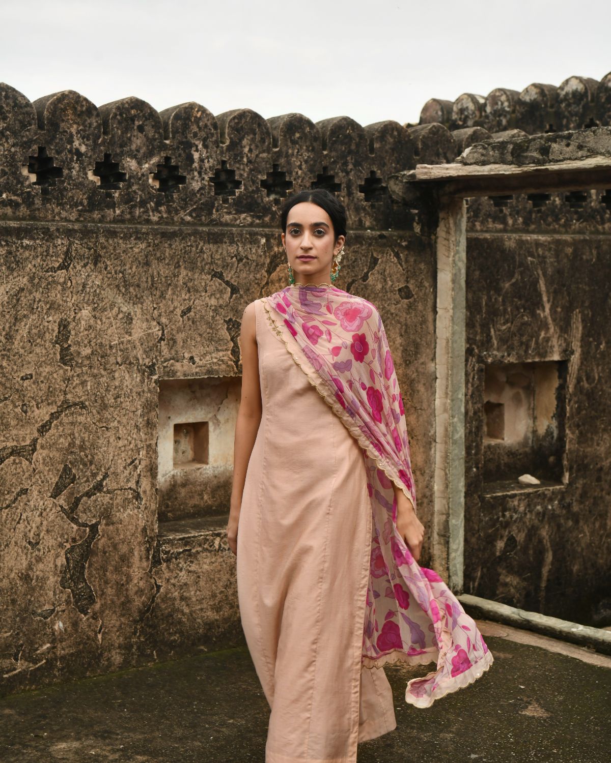 Peach Kurta Set With Dupatta by Taro with Beads work, Best Selling, Chanderi Silk, Chiffon, Digital Print, Enchanted Garden by Taro, Evening Wear, Festive Wear, Indian Wear, July Sale, July Sale 2023, Kurta Pant Sets, Kurta Set With Dupatta, Natural, Natural with azo free dyes, Peach, Sequin Work, Womenswear at Kamakhyaa for sustainable fashion