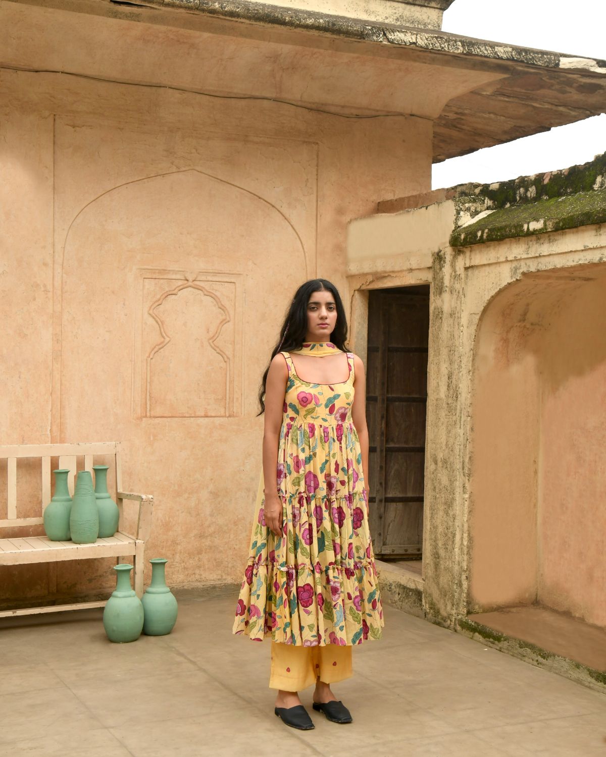 Yellow Kurta Set With Chiffon Dupatta by Taro with Beads work, Casual Wear, Chiffon, Digital Print, Enchanted Garden by Taro, Evening Wear, Indian Wear, July Sale, July Sale 2023, Kurta Pant Sets, Kurta Set With Dupatta, Mulmul, Natural, Natural with azo free dyes, Regular Fit, Womenswear, Yellow at Kamakhyaa for sustainable fashion