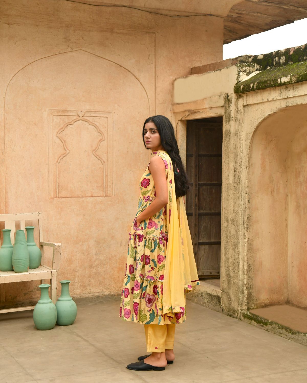 Yellow Kurta Set With Chiffon Dupatta by Taro with Beads work, Casual Wear, Chiffon, Digital Print, Enchanted Garden by Taro, Evening Wear, Indian Wear, July Sale, July Sale 2023, Kurta Pant Sets, Kurta Set With Dupatta, Mulmul, Natural, Natural with azo free dyes, Regular Fit, Womenswear, Yellow at Kamakhyaa for sustainable fashion
