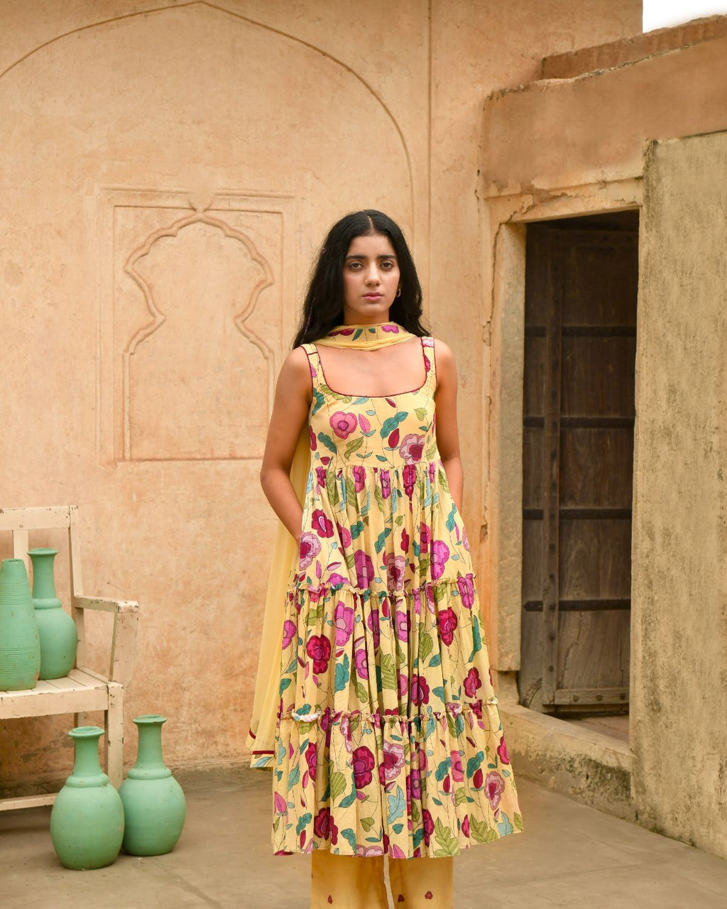 Yellow Kurta Set With Chiffon Dupatta by Taro with Beads work, Casual Wear, Chiffon, Digital Print, Enchanted Garden by Taro, Evening Wear, Indian Wear, July Sale, July Sale 2023, Kurta Pant Sets, Kurta Set With Dupatta, Mulmul, Natural, Natural with azo free dyes, Regular Fit, Womenswear, Yellow at Kamakhyaa for sustainable fashion