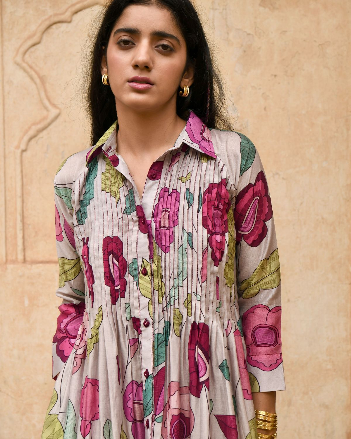 Magnolia Shirt Kurta by Taro with Best Selling, Casual Wear, Digital Print, Enchanted Garden by Taro, Evening Wear, Grey, Handcrafted buttons, Indian Wear, July Sale, July Sale 2023, Kurta Pant Sets, Natural, Natural with azo free dyes, Relaxed Fit, Silk Chanderi, Womenswear at Kamakhyaa for sustainable fashion