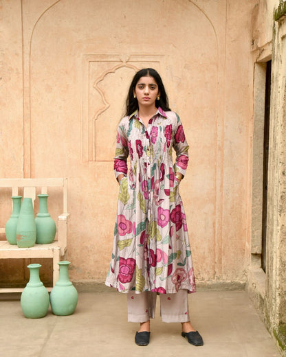 Magnolia Shirt Kurta by Taro with Best Selling, Casual Wear, Digital Print, Enchanted Garden by Taro, Evening Wear, Grey, Handcrafted buttons, Indian Wear, July Sale, July Sale 2023, Kurta Pant Sets, Natural, Natural with azo free dyes, Relaxed Fit, Silk Chanderi, Womenswear at Kamakhyaa for sustainable fashion