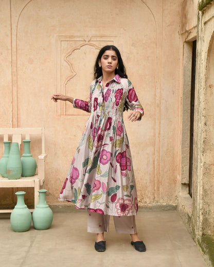 Magnolia Shirt Kurta by Taro with Best Selling, Casual Wear, Digital Print, Enchanted Garden by Taro, Evening Wear, Grey, Handcrafted buttons, Indian Wear, July Sale, July Sale 2023, Kurta Pant Sets, Natural, Natural with azo free dyes, Relaxed Fit, Silk Chanderi, Womenswear at Kamakhyaa for sustainable fashion