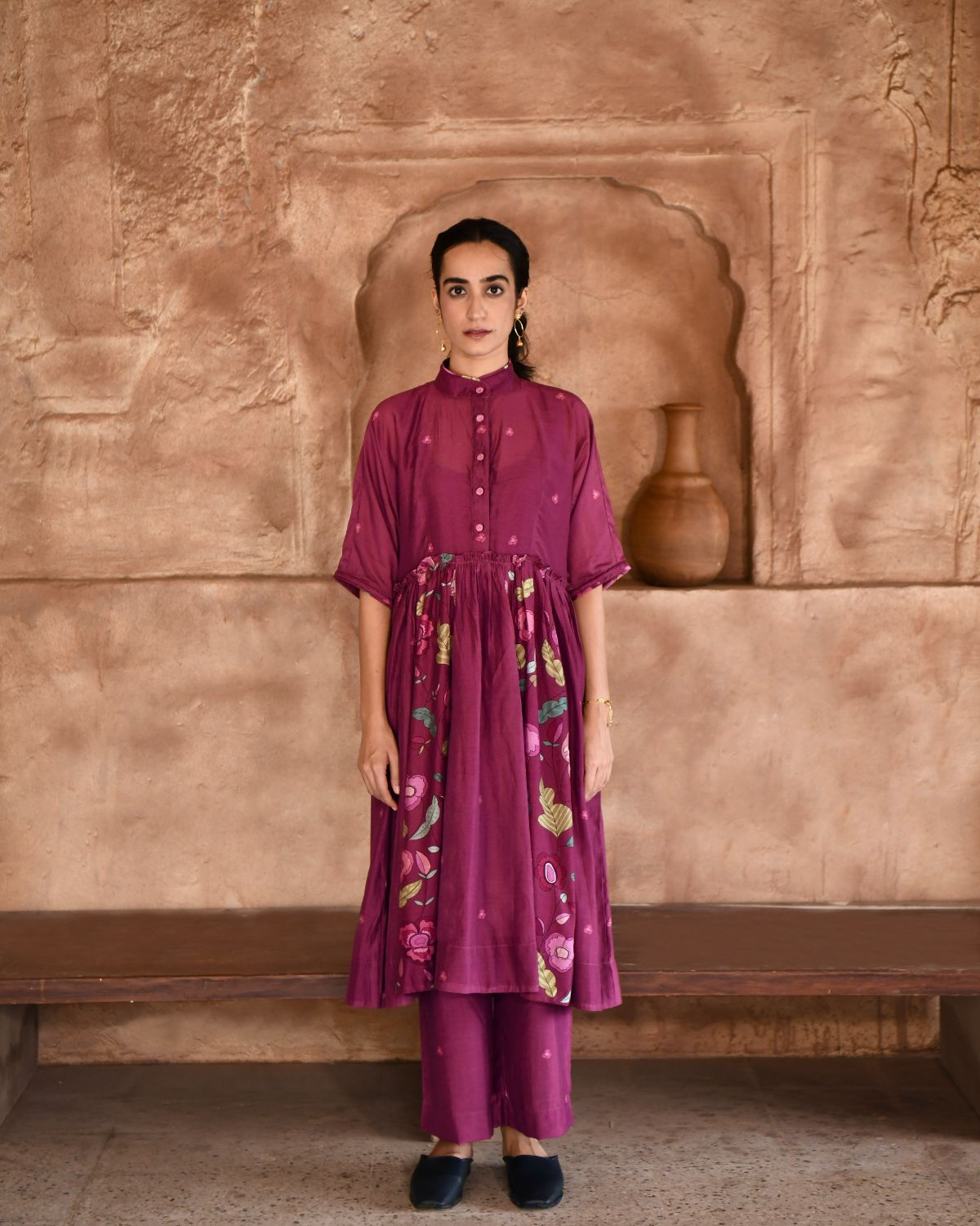 Mahogany Kurta Set With Dupatta by Taro with Beads work, Chanderi Silk, Cotton, Digital Print, Enchanted Garden by Taro, Evening Wear, Indian Wear, July Sale, July Sale 2023, Kurta Pant Sets, Kurta Set With Dupatta, Natural, Natural with azo free dyes, Red, Relaxed Fit, Womenswear at Kamakhyaa for sustainable fashion