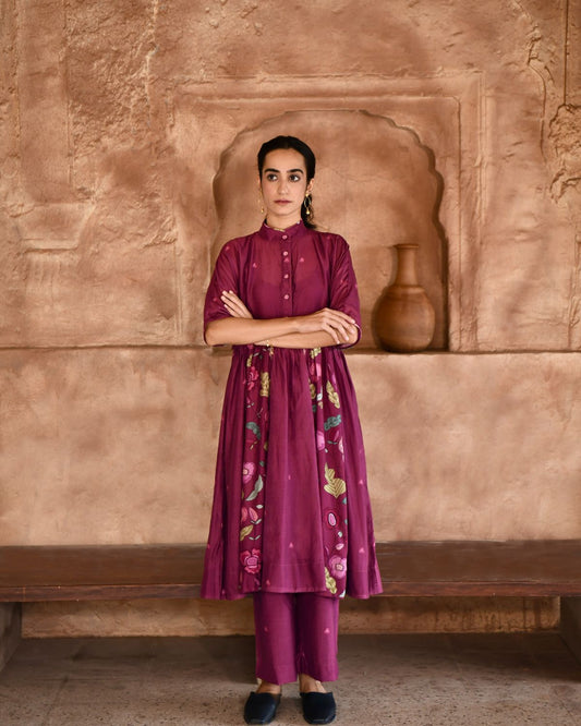 Mahogany Kurta Set With Dupatta by Taro with Beads work, Chanderi Silk, Cotton, Digital Print, Enchanted Garden by Taro, Evening Wear, Indian Wear, July Sale, July Sale 2023, Kurta Pant Sets, Kurta Set With Dupatta, Natural, Natural with azo free dyes, Red, Relaxed Fit, Womenswear at Kamakhyaa for sustainable fashion