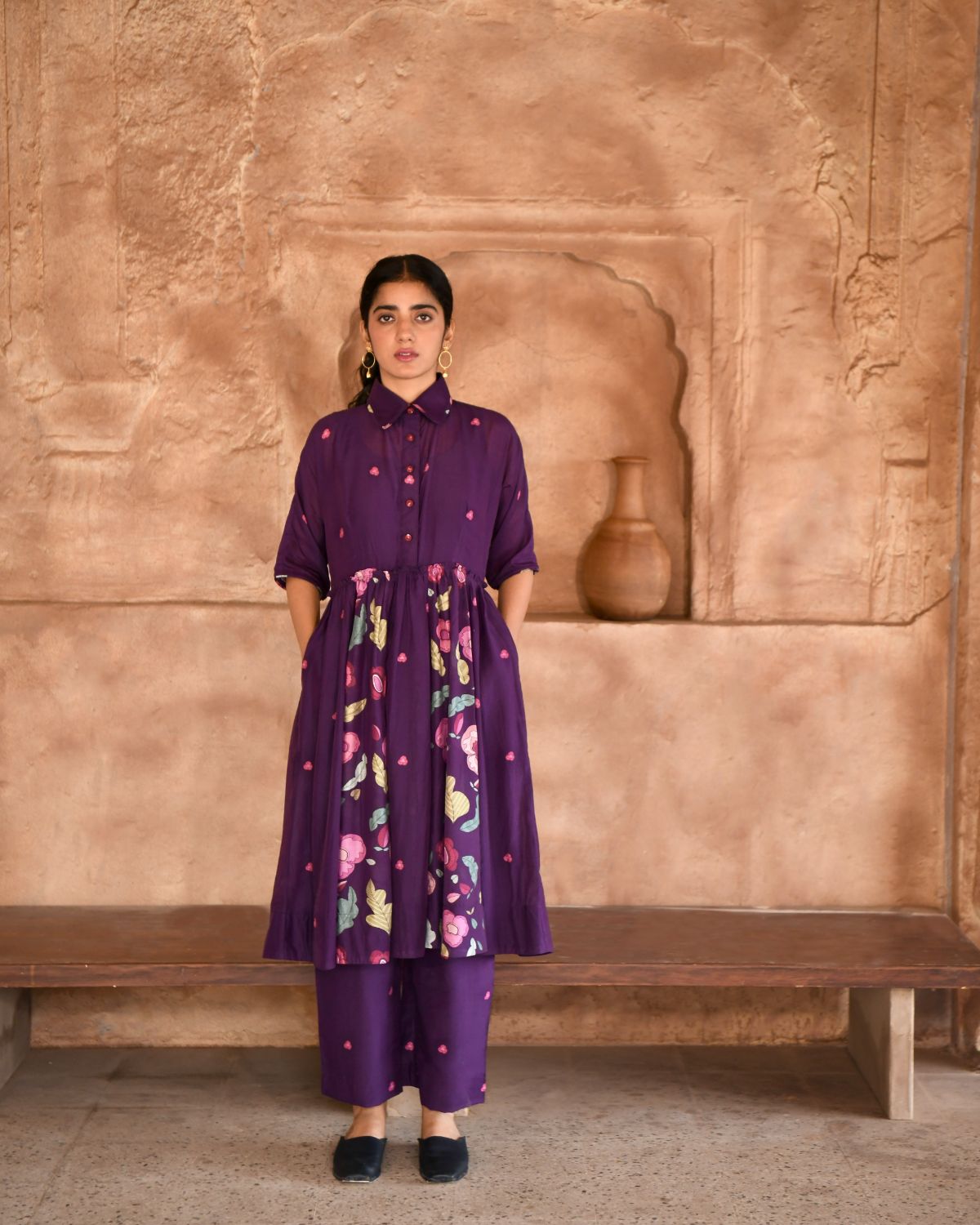 Mulberry Kurta Set With Dupatta by Taro with Beads work, Best Selling, Cotton, Digital Print, Enchanted Garden by Taro, Evening Wear, Indian Wear, July Sale, July Sale 2023, Kurta Pant Sets, Kurta Set With Dupatta, Natural, Natural with azo free dyes, Purple, Relaxed Fit, Silk Chanderi, Womenswear at Kamakhyaa for sustainable fashion