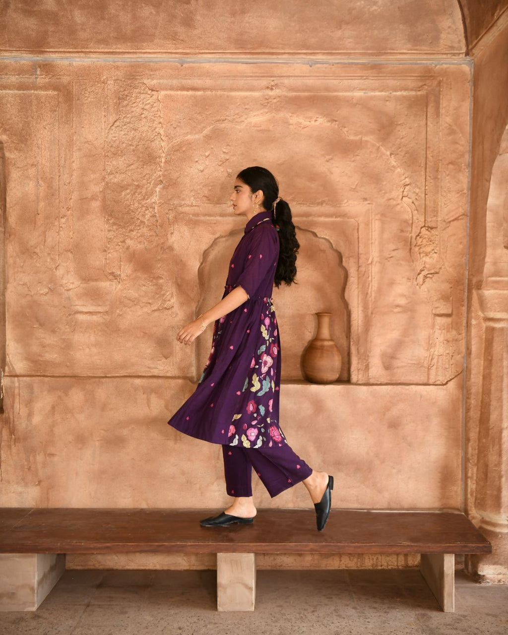 Mulberry Kurta Set With Dupatta by Taro with Beads work, Best Selling, Cotton, Digital Print, Enchanted Garden by Taro, Evening Wear, Indian Wear, July Sale, July Sale 2023, Kurta Pant Sets, Kurta Set With Dupatta, Natural, Natural with azo free dyes, Purple, Relaxed Fit, Silk Chanderi, Womenswear at Kamakhyaa for sustainable fashion