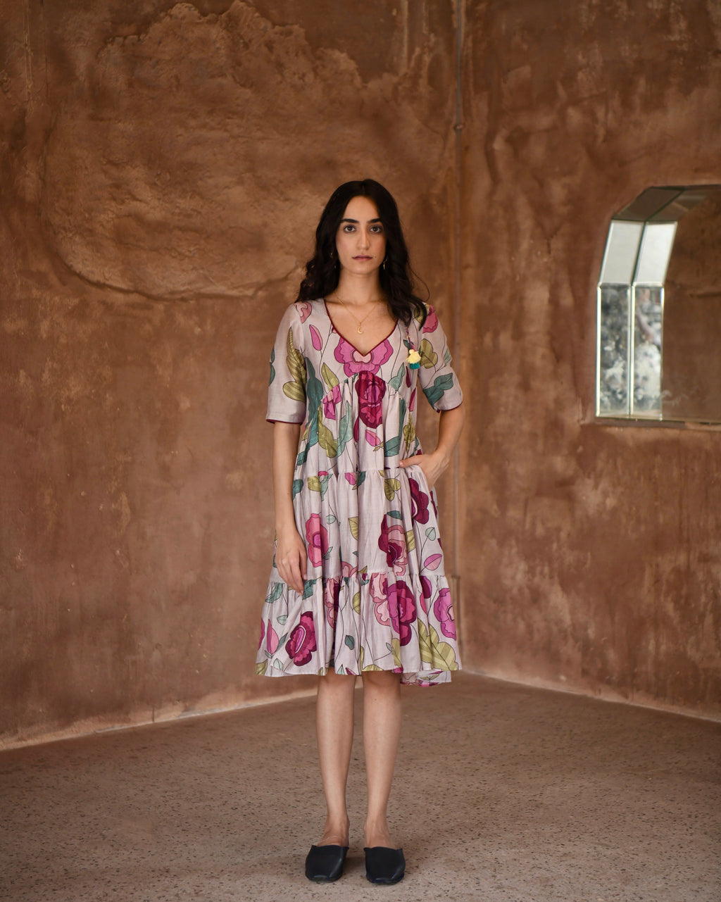 Grey Printed Tiered Dress by Taro with Azo Free Dyes, Casual Wear, Chanderi Silk, Garden of Dreams by Taro, Garden of Dreams by The Loom Art, Grey, July Sale, July Sale 2023, Midi Dresses, Prints, Relaxed Fit, Tiered Dresses, Womenswear at Kamakhyaa for sustainable fashion