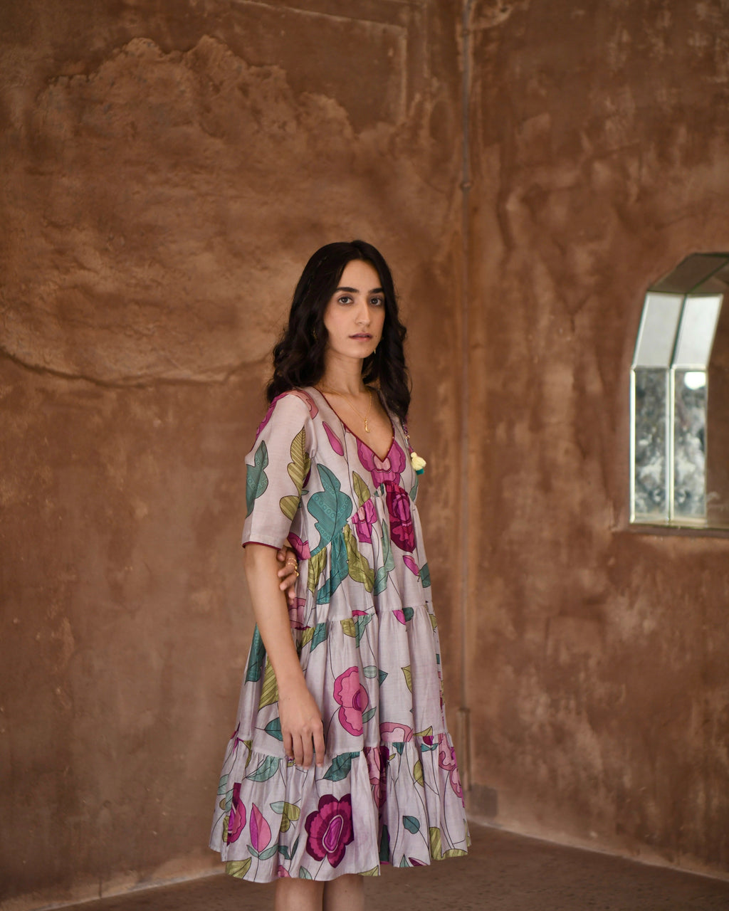 Grey Printed Tiered Dress by Taro with Azo Free Dyes, Casual Wear, Chanderi Silk, Garden of Dreams by Taro, Garden of Dreams by The Loom Art, Grey, July Sale, July Sale 2023, Midi Dresses, Prints, Relaxed Fit, Tiered Dresses, Womenswear at Kamakhyaa for sustainable fashion