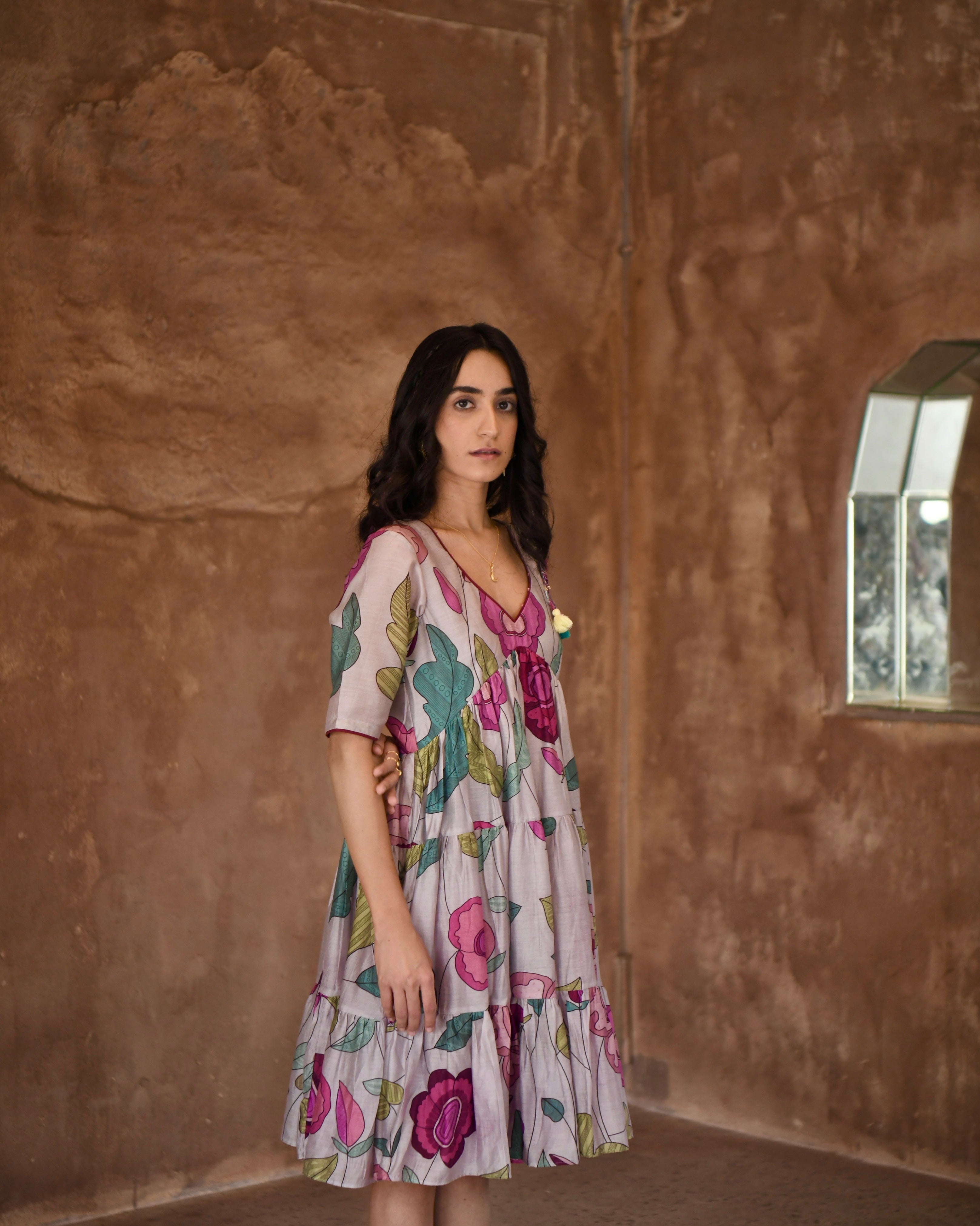 Grey Printed Tiered Dress by Taro with Azo Free Dyes, Casual Wear, Chanderi Silk, Garden of Dreams by Taro, Garden of Dreams by The Loom Art, Grey, July Sale, July Sale 2023, Midi Dresses, Prints, Relaxed Fit, Tiered Dresses, Womenswear at Kamakhyaa for sustainable fashion