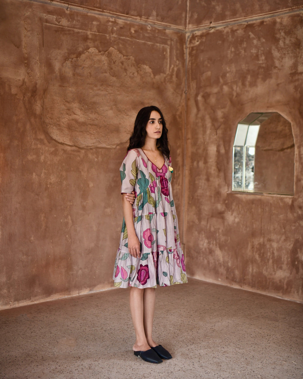 Grey Printed Tiered Dress by Taro with Azo Free Dyes, Casual Wear, Chanderi Silk, Garden of Dreams by Taro, Garden of Dreams by The Loom Art, Grey, July Sale, July Sale 2023, Midi Dresses, Prints, Relaxed Fit, Tiered Dresses, Womenswear at Kamakhyaa for sustainable fashion