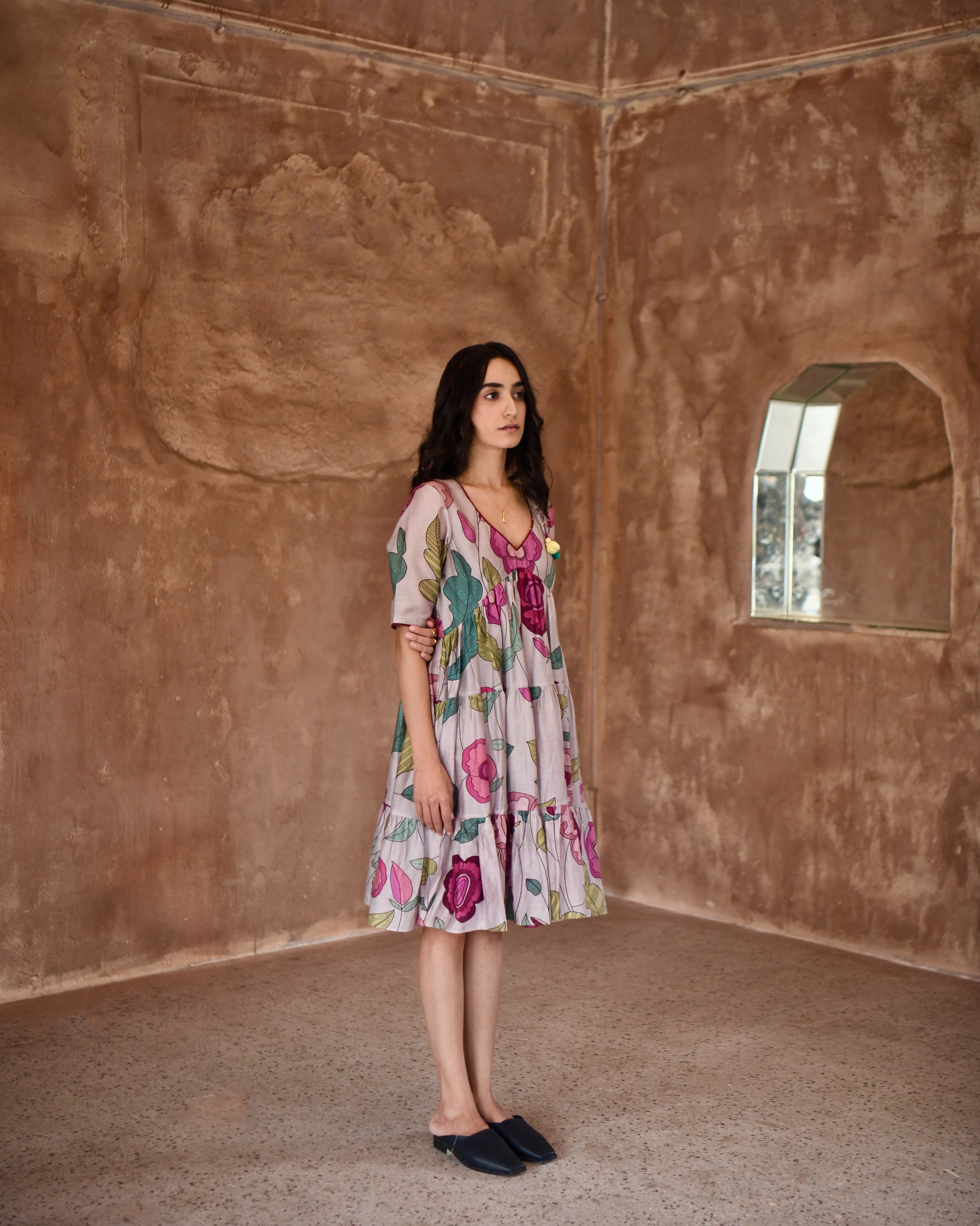 Grey Printed Tiered Dress by Taro with Azo Free Dyes, Casual Wear, Chanderi Silk, Garden of Dreams by Taro, Garden of Dreams by The Loom Art, Grey, July Sale, July Sale 2023, Midi Dresses, Prints, Relaxed Fit, Tiered Dresses, Womenswear at Kamakhyaa for sustainable fashion