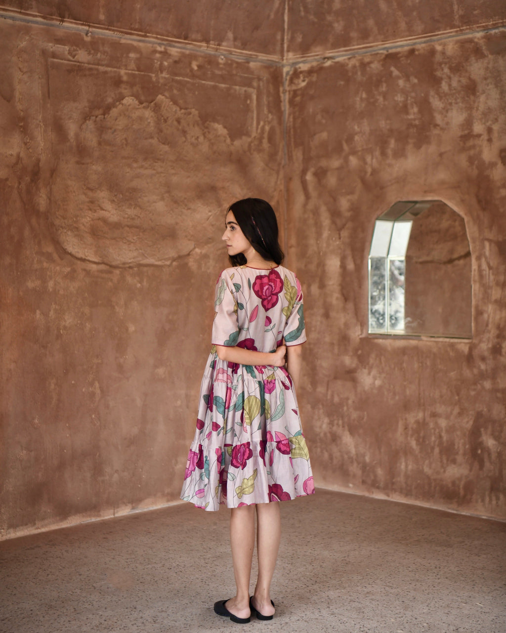 Grey Printed Tiered Dress by Taro with Azo Free Dyes, Casual Wear, Chanderi Silk, Garden of Dreams by Taro, Garden of Dreams by The Loom Art, Grey, July Sale, July Sale 2023, Midi Dresses, Prints, Relaxed Fit, Tiered Dresses, Womenswear at Kamakhyaa for sustainable fashion