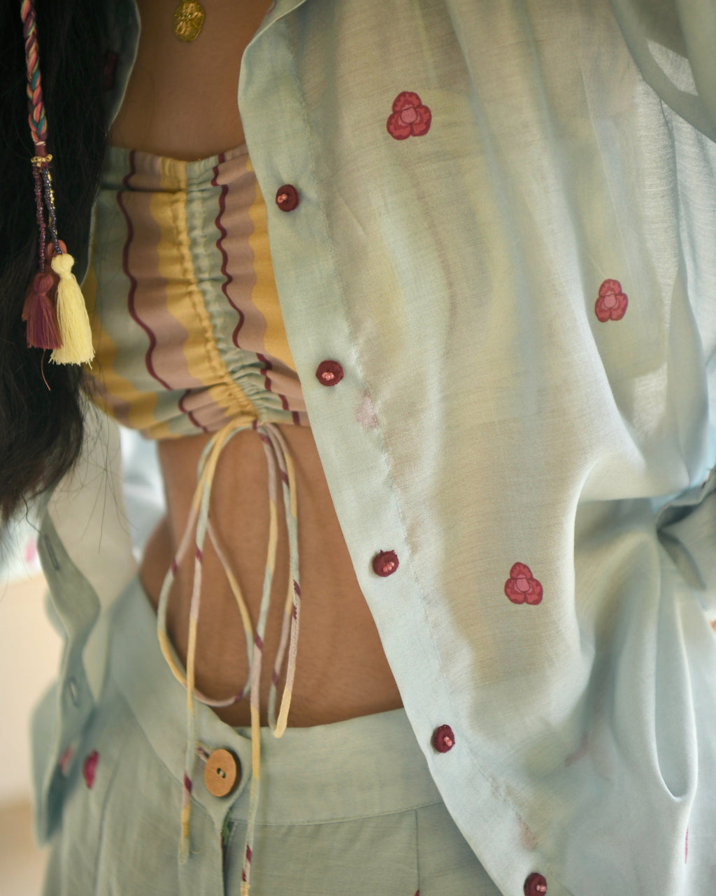 Blue Chanderi Silk Co-ord Set Of 3 by Taro with Azo Free Dyes, Blue, Casual Wear, Chanderi Silk, Co-ord Sets, Garden of Dreams by Taro, Garden of Dreams by The Loom Art, July Sale, July Sale 2023, Prints, Relaxed Fit, Travel Co-ords, Vacation, Vacation Co-ords, Womenswear at Kamakhyaa for sustainable fashion