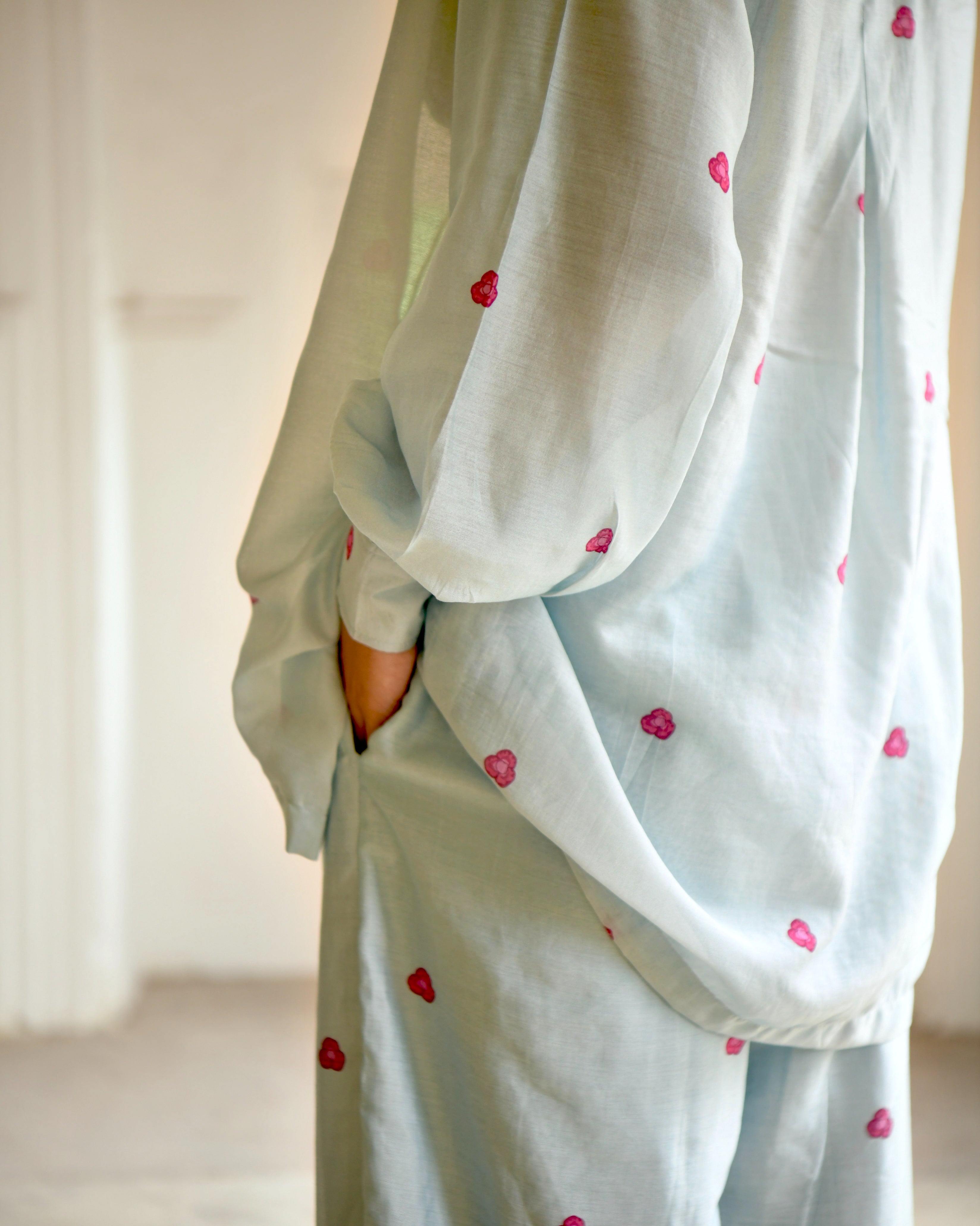 Blue Chanderi Silk Co-ord Set Of 3 by Taro with Azo Free Dyes, Blue, Casual Wear, Chanderi Silk, Co-ord Sets, Garden of Dreams by Taro, Garden of Dreams by The Loom Art, July Sale, July Sale 2023, Prints, Relaxed Fit, Travel Co-ords, Vacation, Vacation Co-ords, Womenswear at Kamakhyaa for sustainable fashion